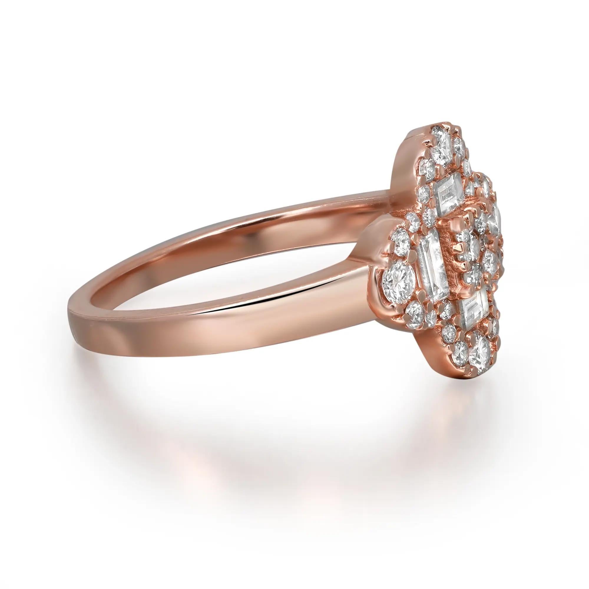 Fun and beautiful diamond clover flower cocktail ring. This ring features beautifully crafted clover flower in 14K rose gold, encrusted with dazzling round cut and baguette cut diamonds. A great pick for any occasion. Total diamond weight: 0.60