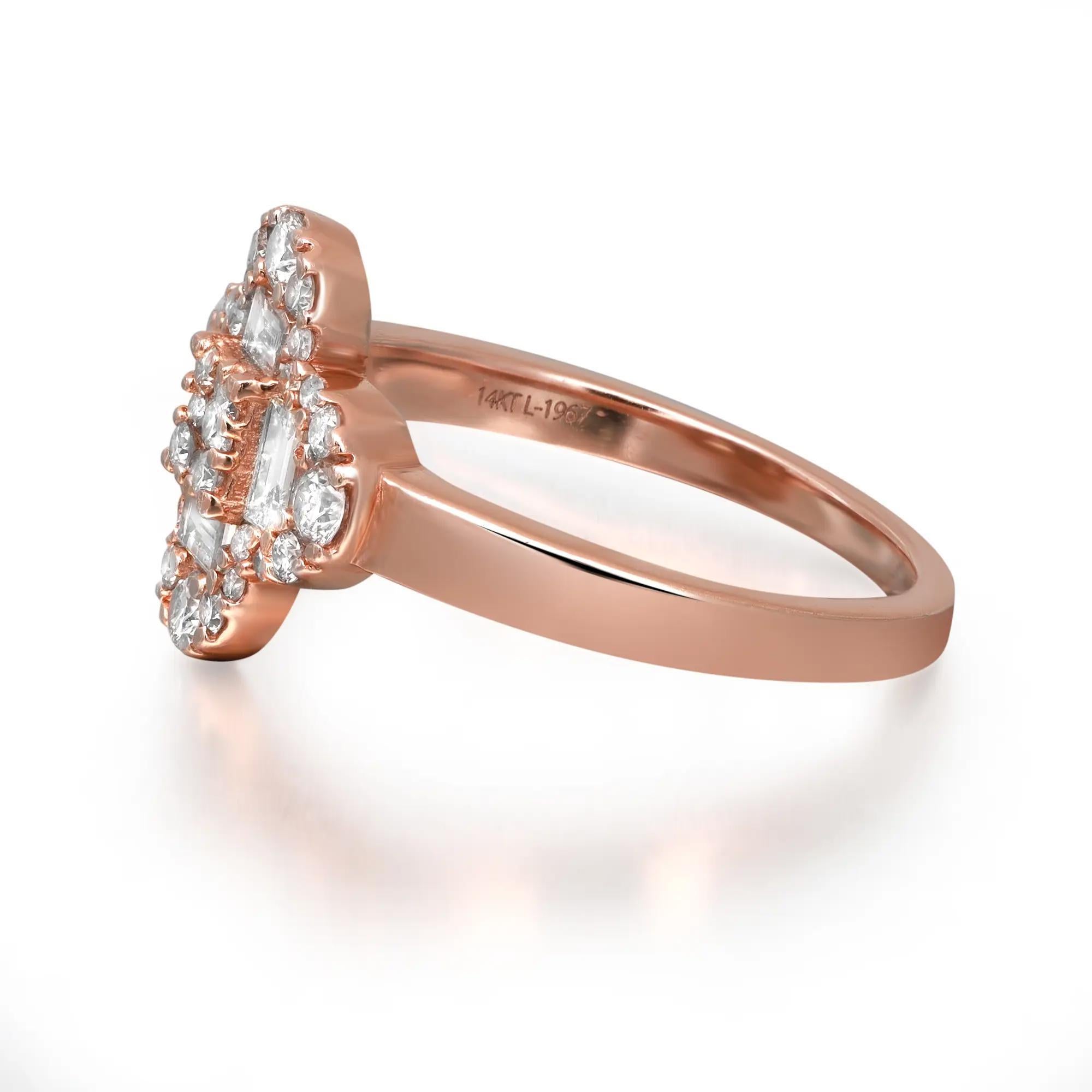 Modern Baguette & Round Cut Diamond Clover Flower Ring 14K Rose Gold 0.60Cttw Size 6 For Sale