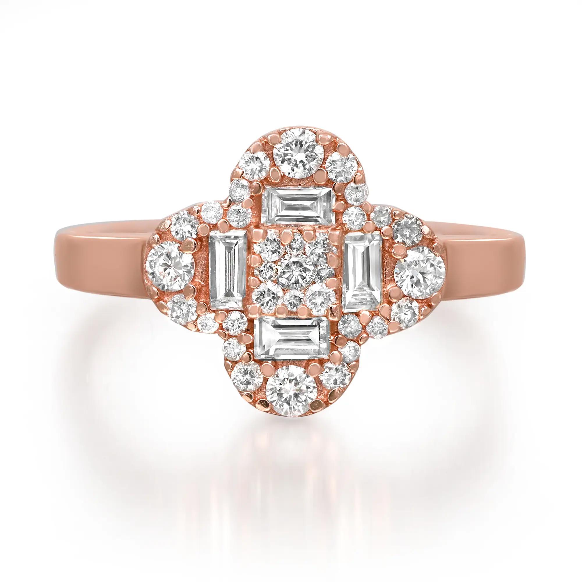 Baguette Cut Baguette & Round Cut Diamond Clover Flower Ring 14K Rose Gold 0.60Cttw Size 6 For Sale