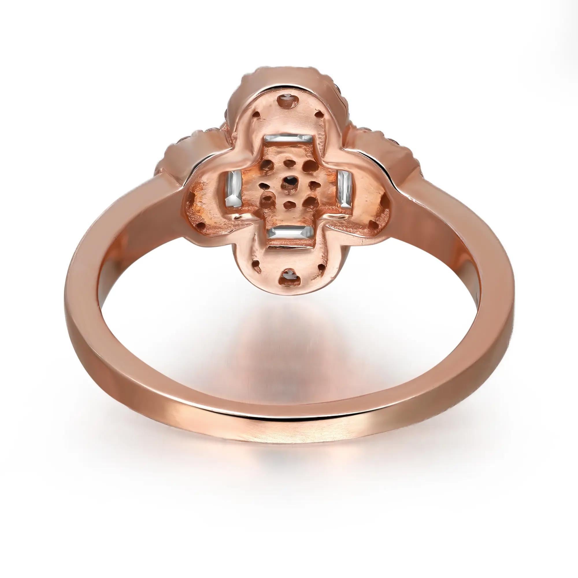 Baguette & Round Cut Diamond Clover Flower Ring 14K Rose Gold 0.60Cttw Size 6 In New Condition For Sale In New York, NY
