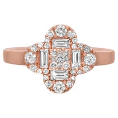 Baguette & Round Cut Diamond Clover Flower Ring 14K Rose Gold 0.60Cttw Size 6