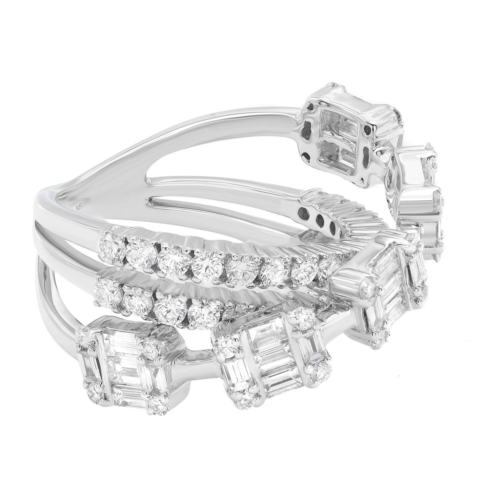This beautiful ring features two bands of prong set round cut diamonds intersecting with a channel set baguette and round cut diamond band in a crossover design. Crafted in 18k white gold, this ring exudes understated style and elegance. Set with