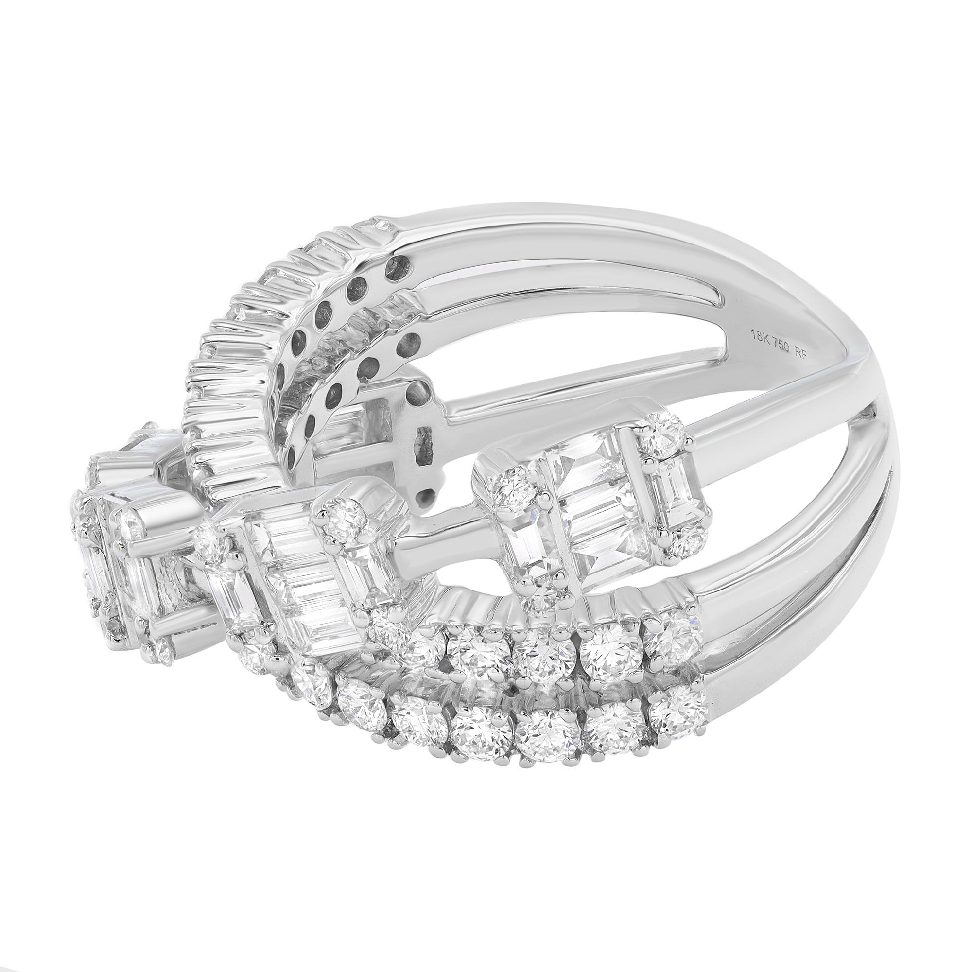 Modern Baguette & Round Cut Diamond Crossover Ring 18K White Gold 1.97Cttw For Sale