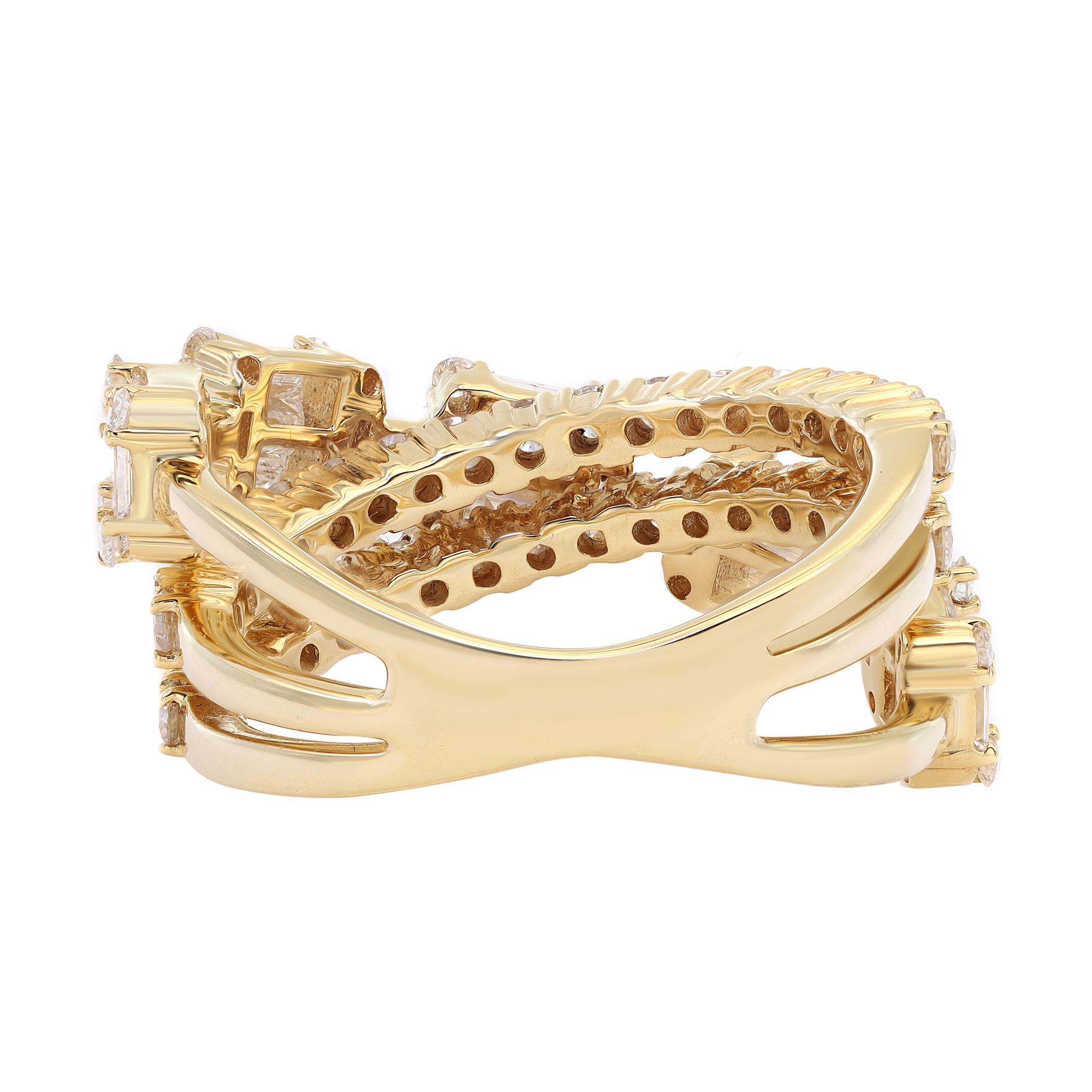 Moderne Bague croisée en or jaune 18 carats avec diamants taille baguette et ronde (1,93 ct. pt.) Taille 6,5 en vente