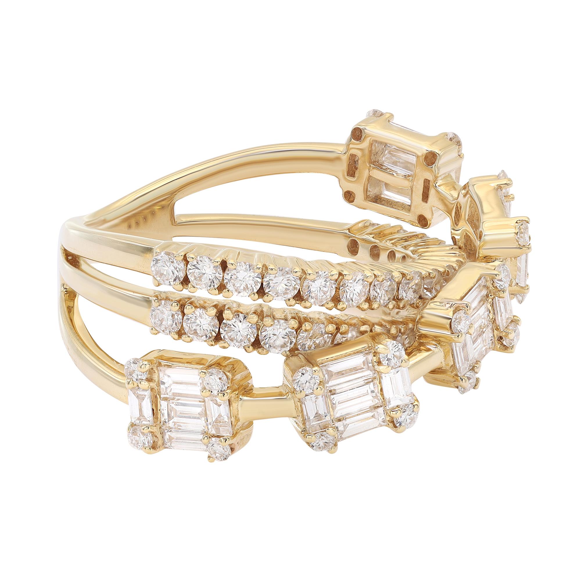 Taille baguette Bague croisée en or jaune 18 carats avec diamants taille baguette et ronde (1,93 ct. pt.) Taille 6,5 en vente