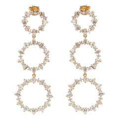 Baguette & Round Cut Diamond Dangle Drop Earrings 18K Yellow Gold 4.58Cttw