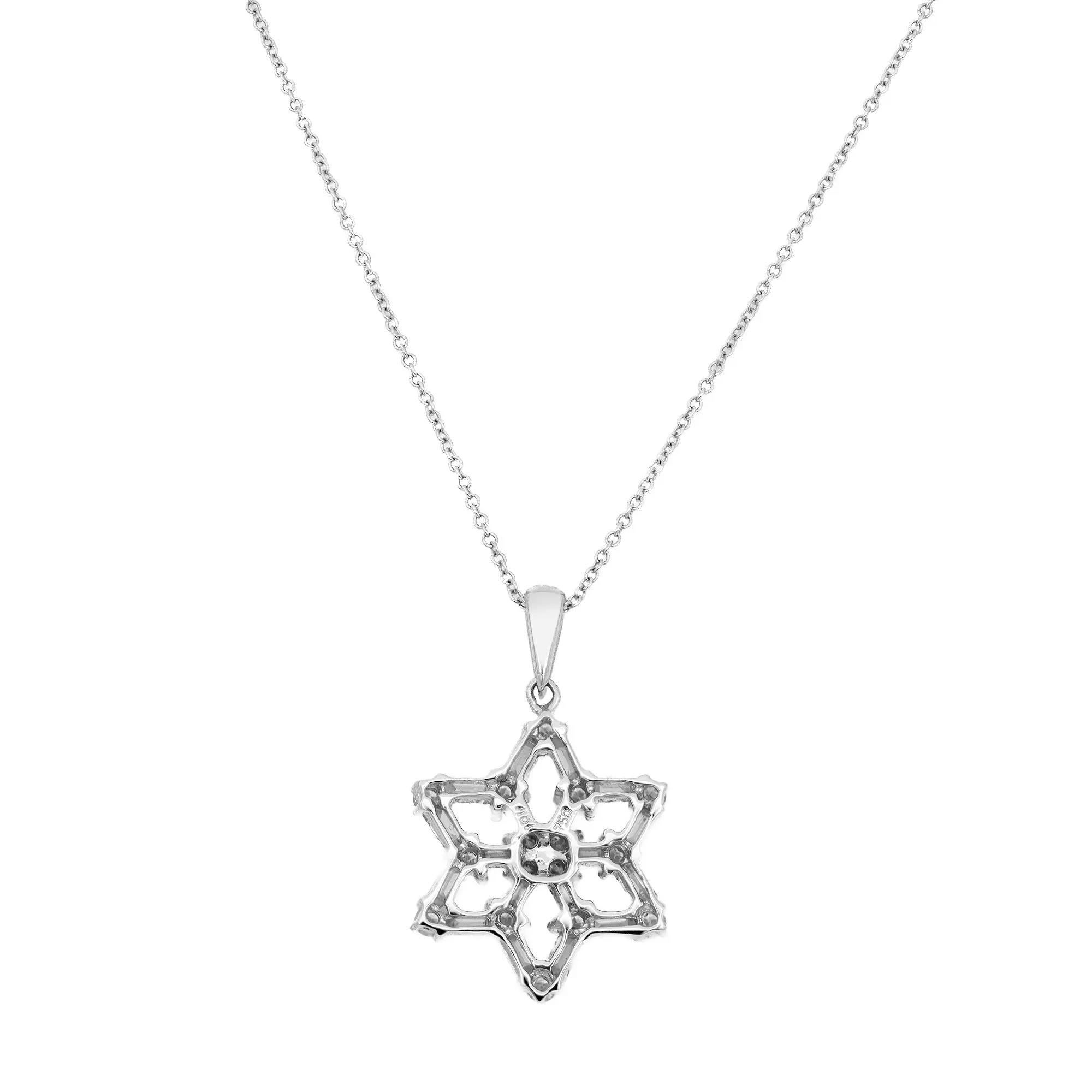 Modern Baguette & Round Cut Diamond Floral Pendant Necklace 18K White Gold 1.20Ctw 16in For Sale
