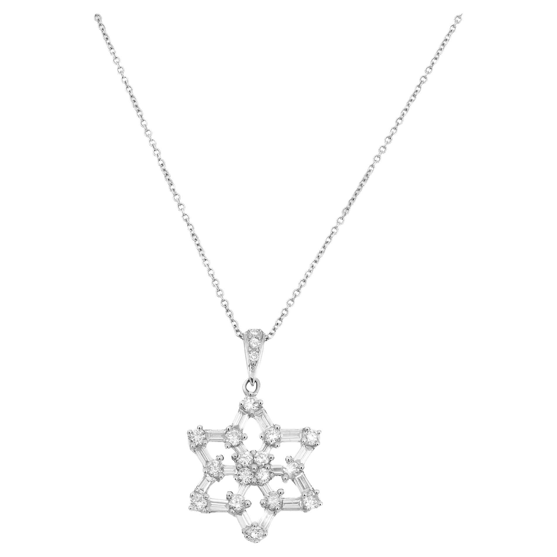 Baguette & Round Cut Diamond Floral Pendant Necklace 18K White Gold 1.20Ctw 16in For Sale