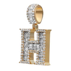 Baguette & Round Cut Diamond "H" Letter Initial Pendant 14K Yellow Gold 1.10Cttw