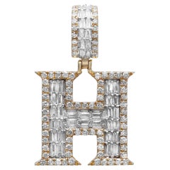 Baguette & Round Cut Diamond "H" Letter Initial Pendant 14K Yellow Gold 1.10Cttw