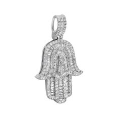 Baguette & Round Cut Diamond Hamsa Pendant 14K White Gold 0.86Cttw