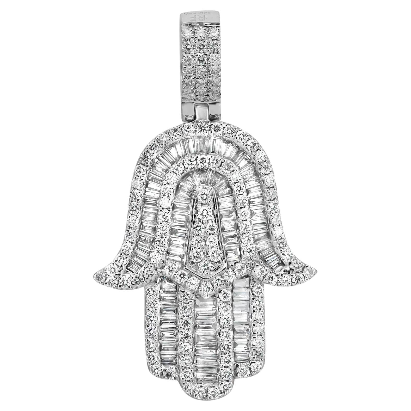 Baguette & Round Cut Diamond Hamsa Pendant 14K White Gold 0.86Cttw