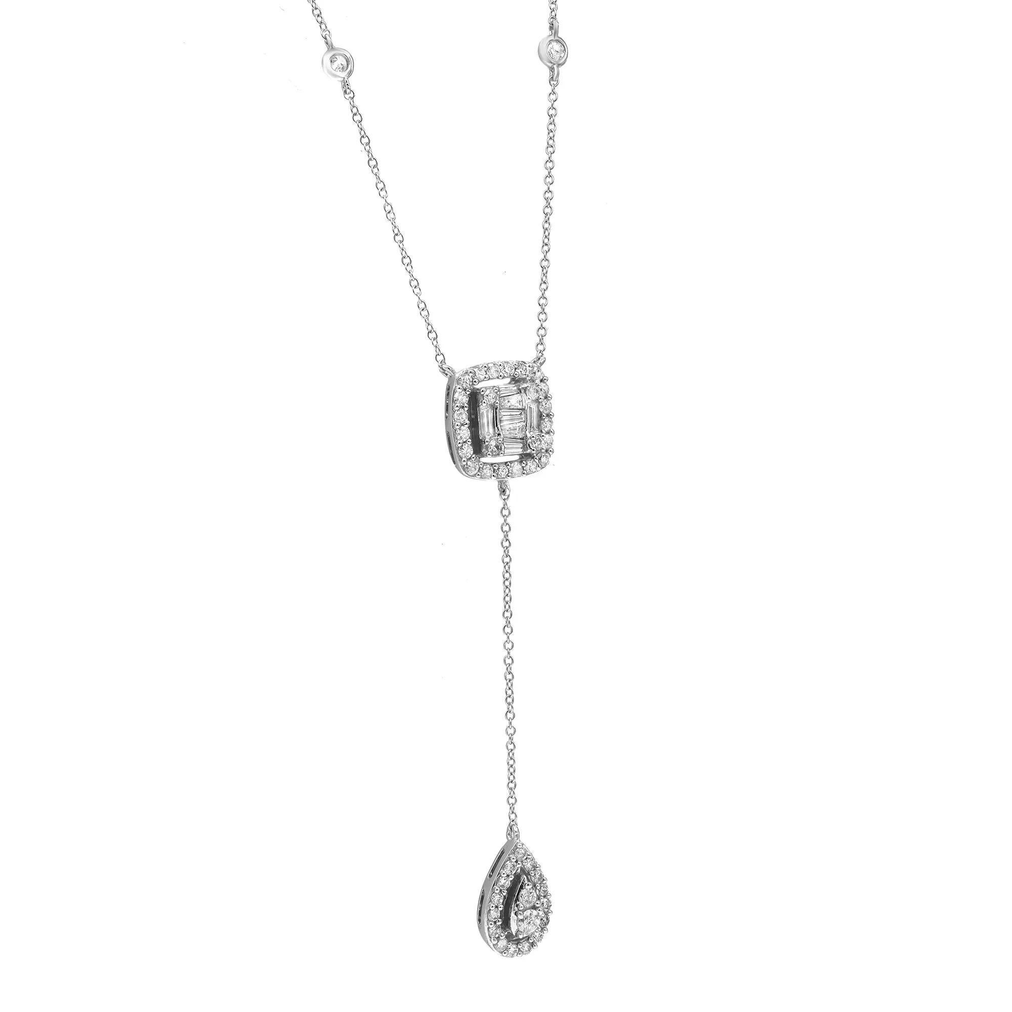 Baguette Cut Baguette & Round Cut Diamond Lariat Pendant Necklace 14K White Gold 16 inches For Sale