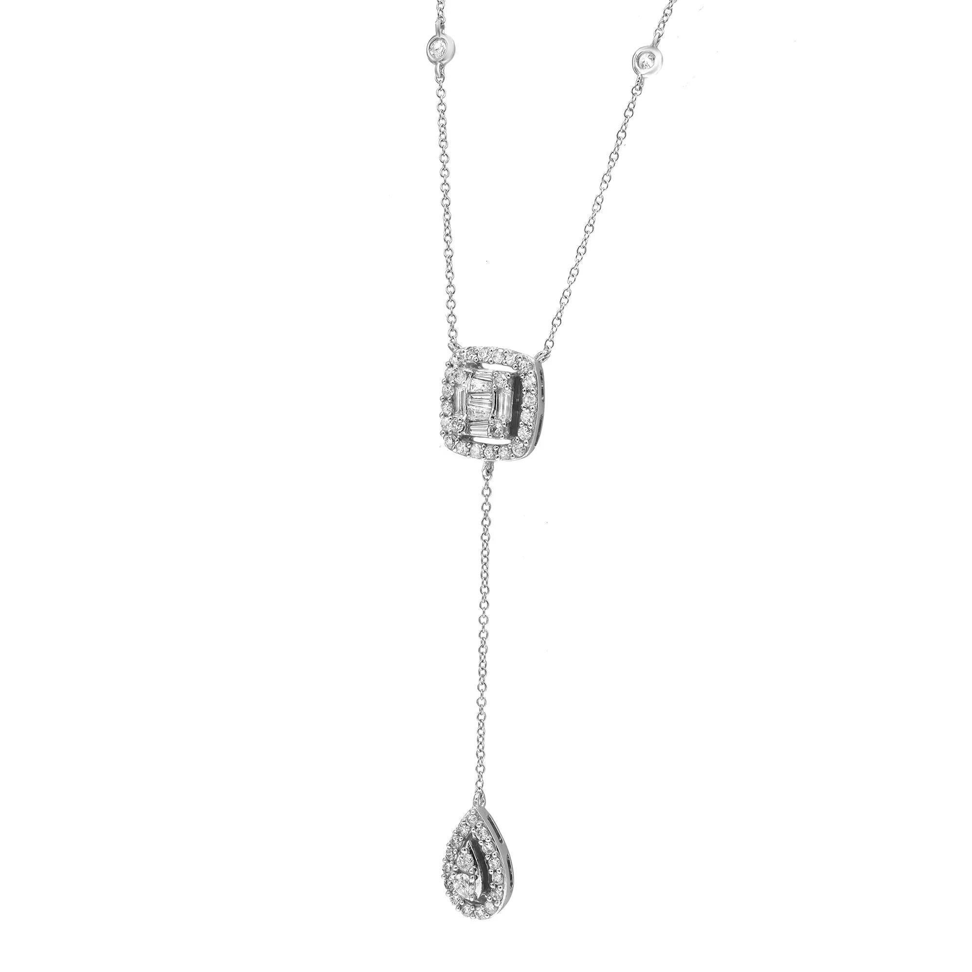 Baguette & Round Cut Diamond Lariat Pendant Necklace 14K White Gold 16 inches In New Condition For Sale In New York, NY