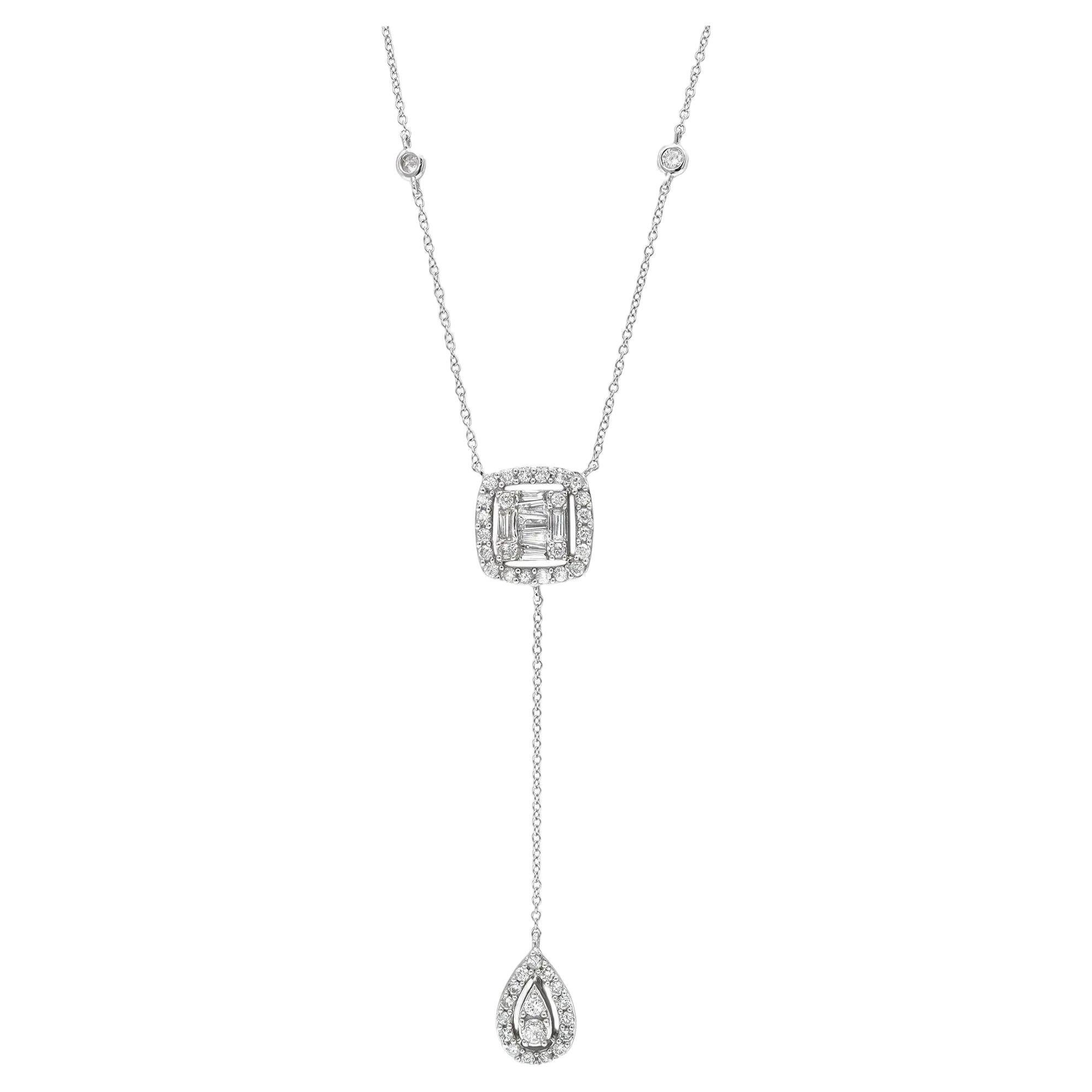 Baguette & Round Cut Diamond Lariat Pendant Necklace 14K White Gold 16 inches For Sale