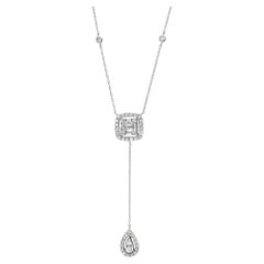 Baguette & Round Cut Diamond Lariat Pendant Necklace 14K White Gold 16 inches