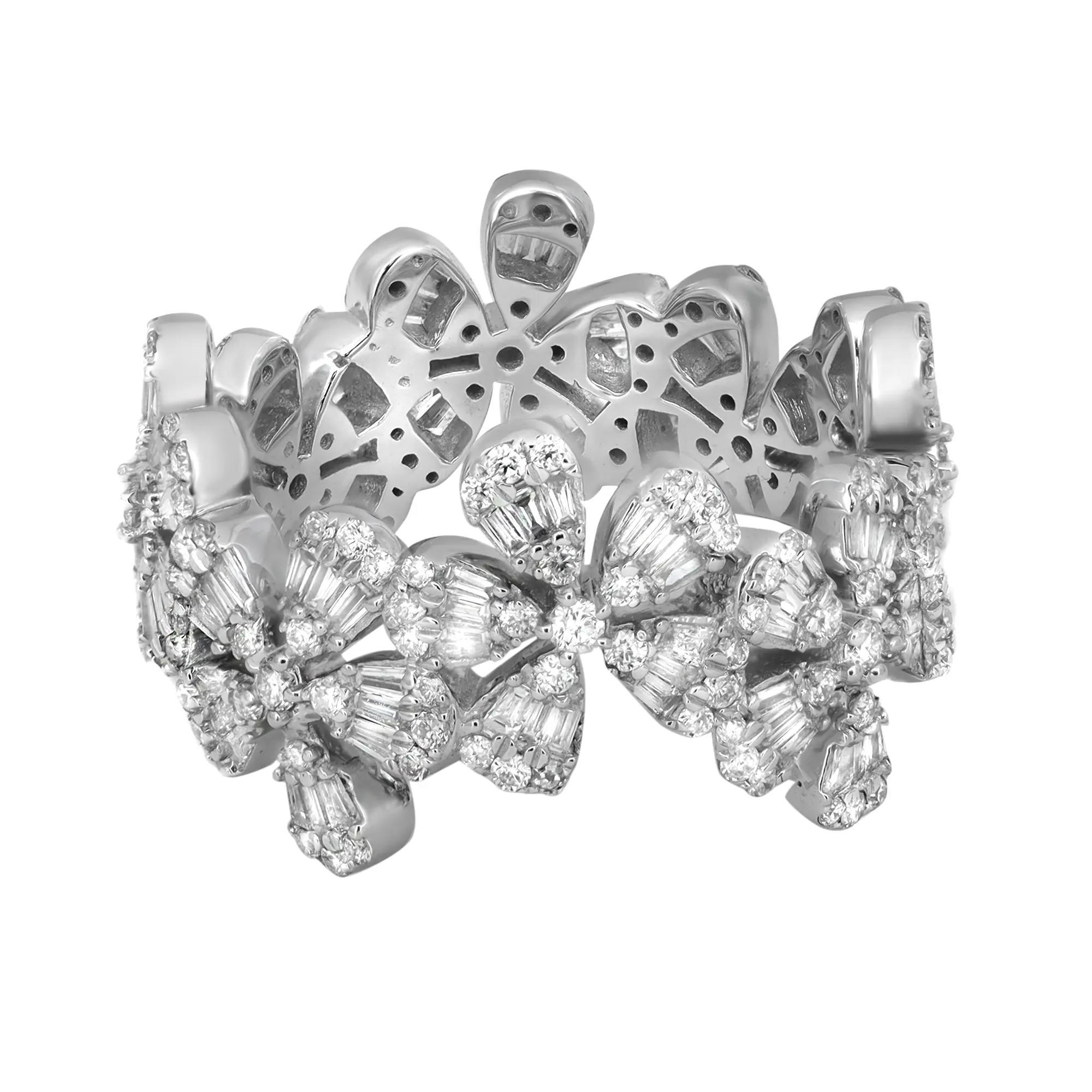This beautiful multi flower diamond weddind band ring features channel set baguette cut and pave set round cut sparkling diamonds studded in multi flower design band ring. Crafted in 14k white gold. Total diamond weight: 1.57 carats. Diamond