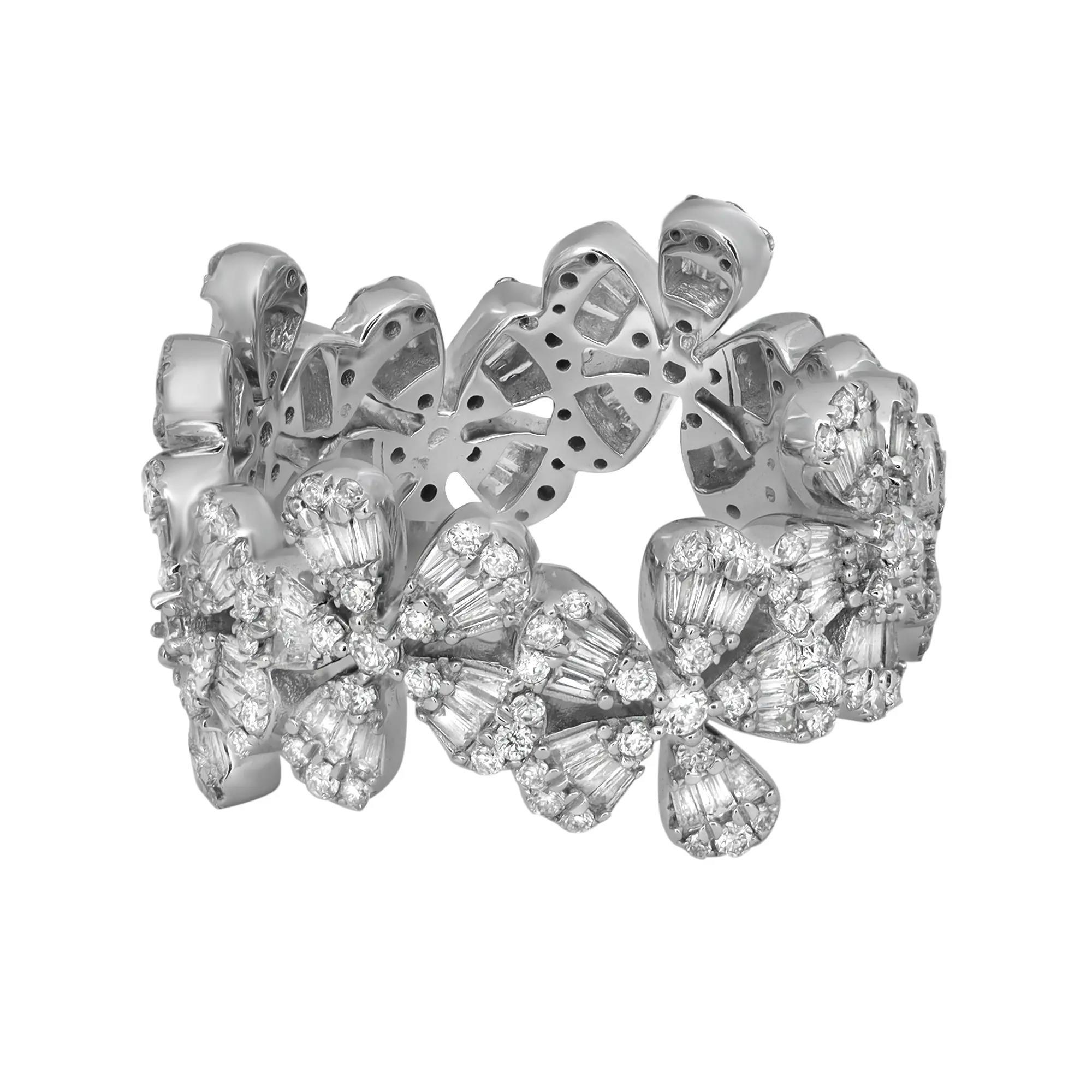 Modern Baguette & Round Cut Diamond Multi Flower Band Ring 14K White Gold 1.57Ctw SZ 7 For Sale