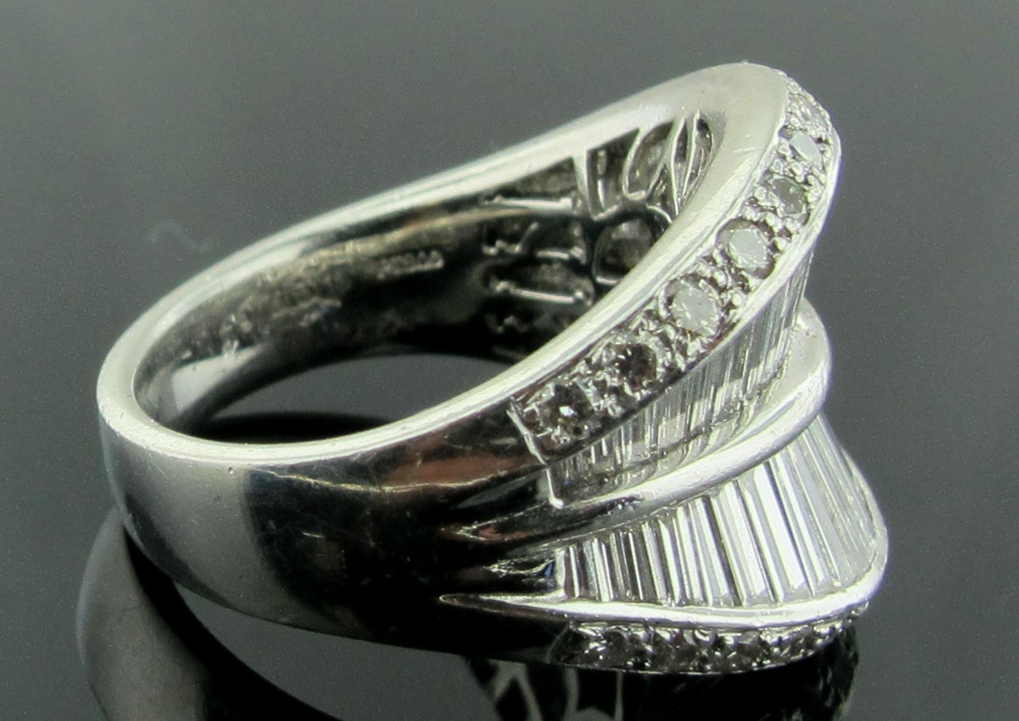Women's or Men's Baguette and Round Cut Diamond Ring Set in Platinum For Sale