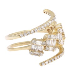 Baguette & Round Cut Diamond Spiral Wrap Ring 18K Yellow Gold 1.29Cttw