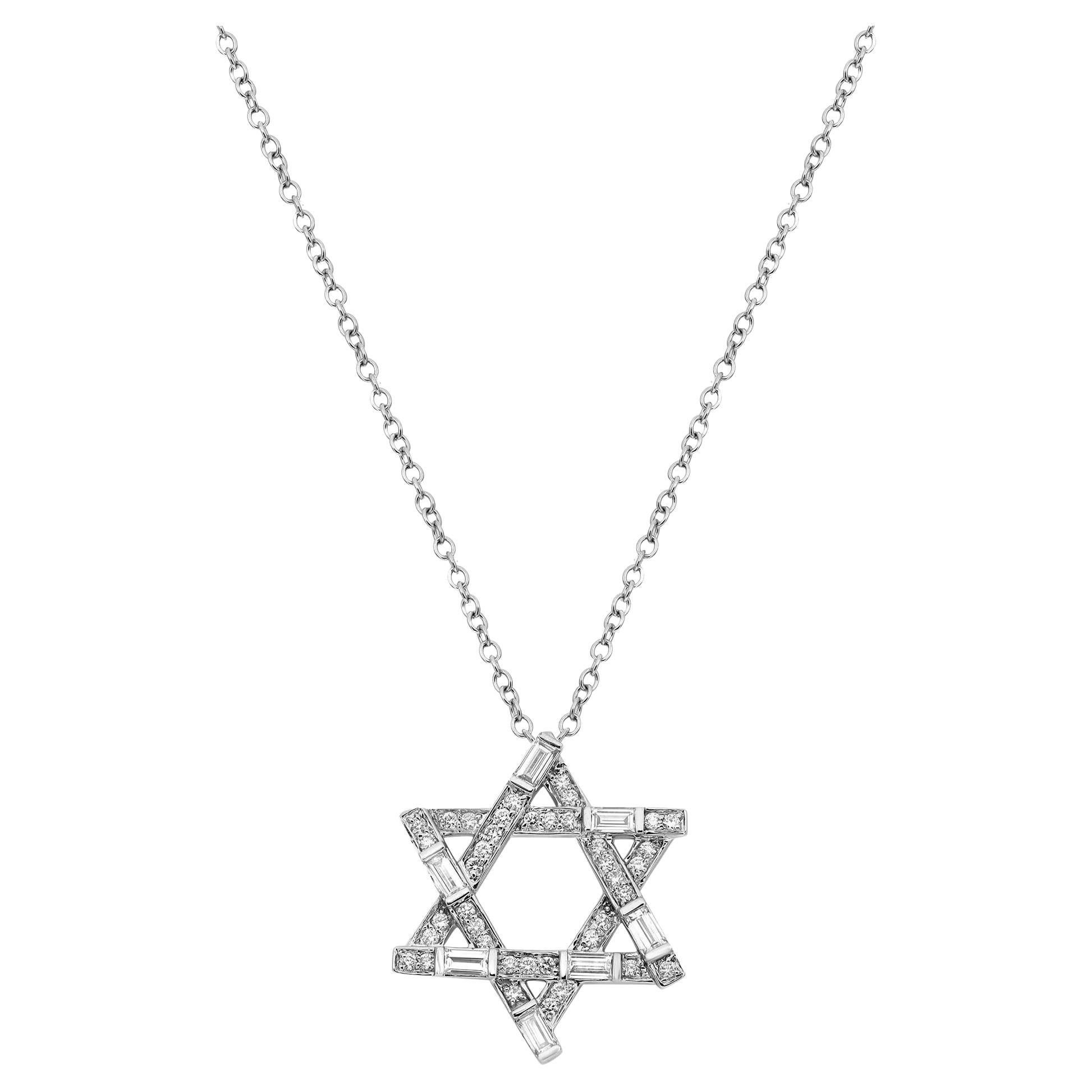 Baguette & Round Cut Diamond Star David Pendant Necklace 14K White Gold 0.82Cttw