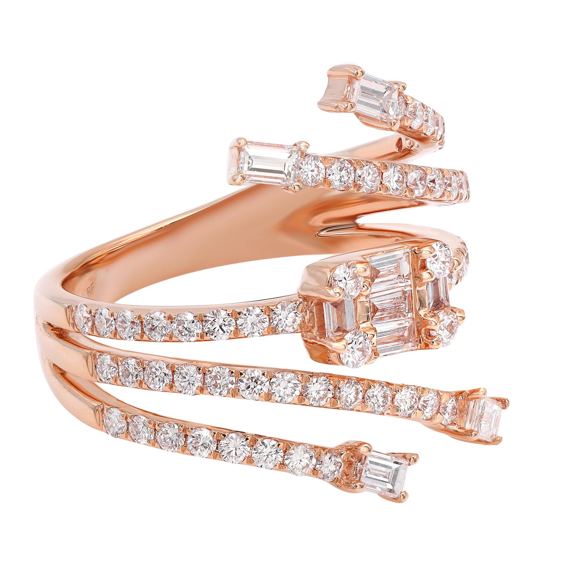 This stunning diamond ring comes with a flashy statement look. A must have in your jewelry collection. Crafted in 18K rose gold. This ring features baguette and round cut diamonds weighing 1.19 carats in prong and channel setting. Diamond color G-H