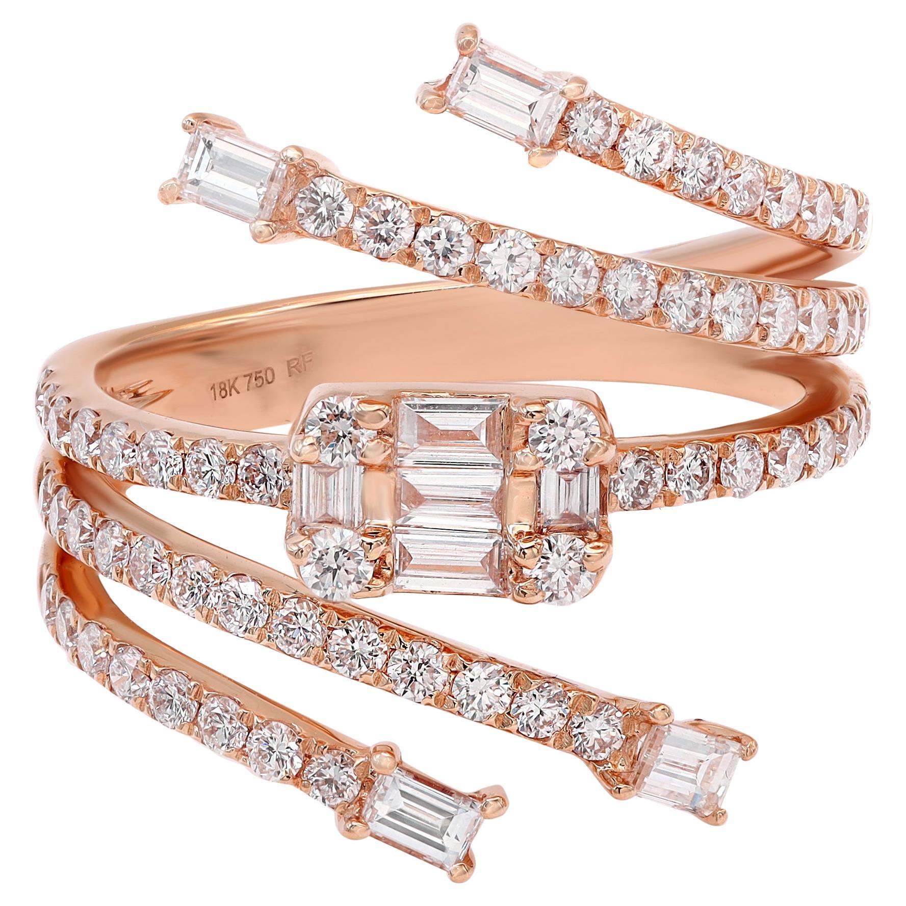 Baguette & Round Cut Diamond Statement Ring 18k Rose Gold 1.19cttw For Sale