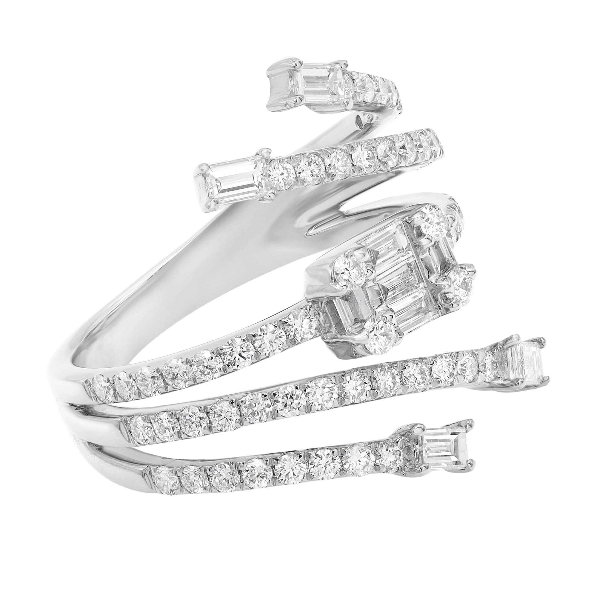 This stunning diamond ring comes with a flashy statement look. A must have in your jewelry collection. Crafted in 18K white gold. This ring features baguette and round cut diamonds weighing 1.20 carats in prong and channel setting. Diamond color G-H