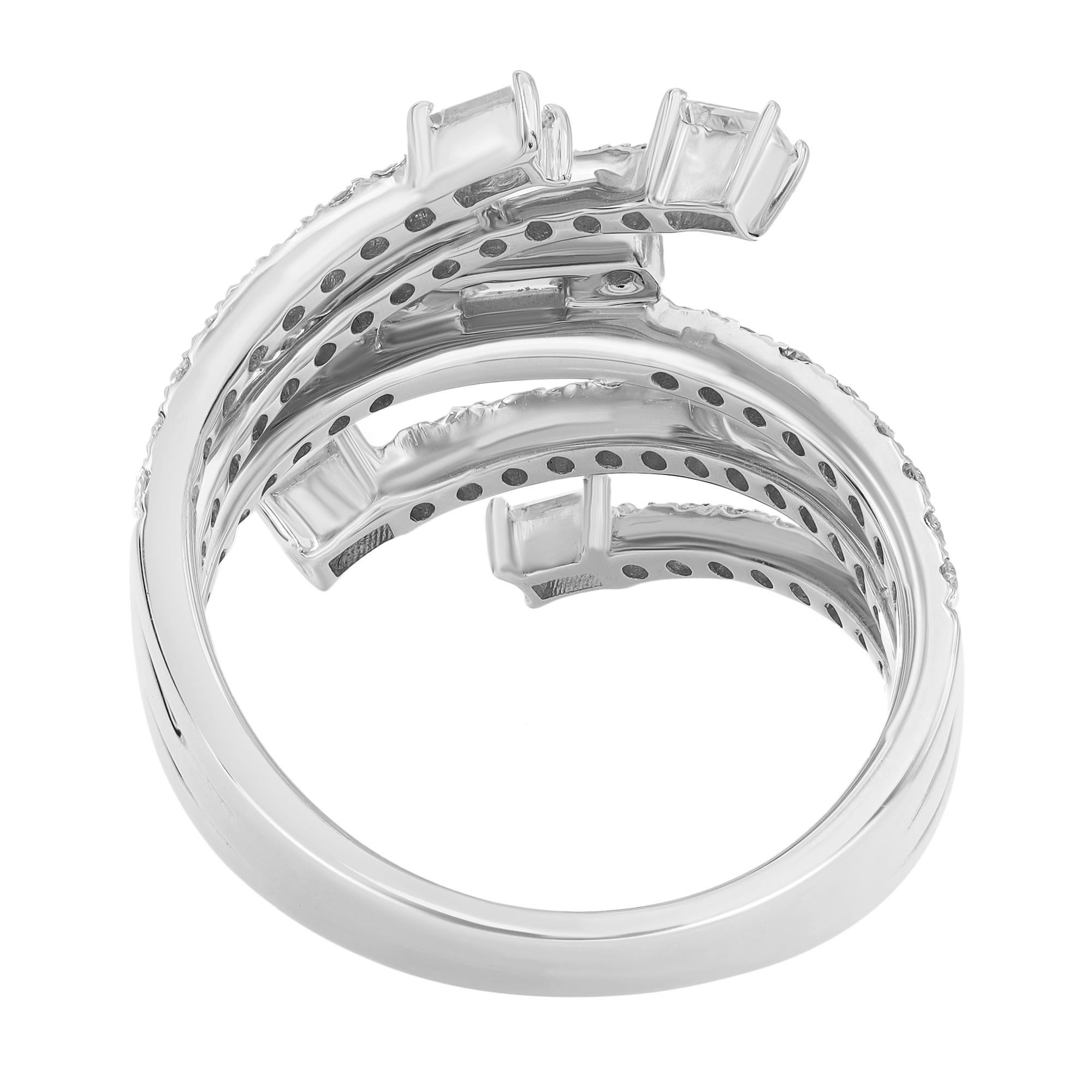 Modern Baguette & Round Cut Diamond Statement Ring 18K White Gold 1.20Cttw Size 6.5 For Sale