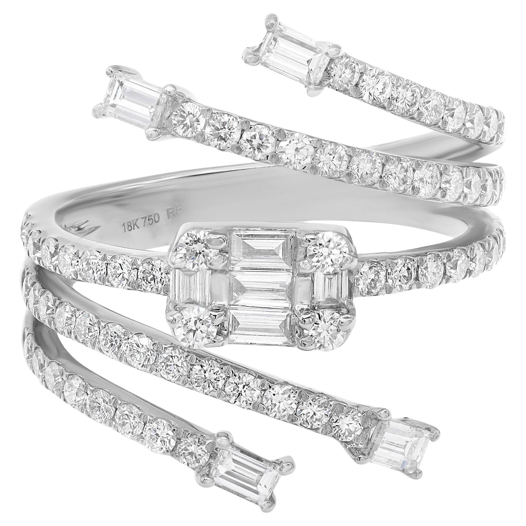 Baguette & Round Cut Diamond Statement Ring 18K White Gold 1.20Cttw Size 6.5 For Sale