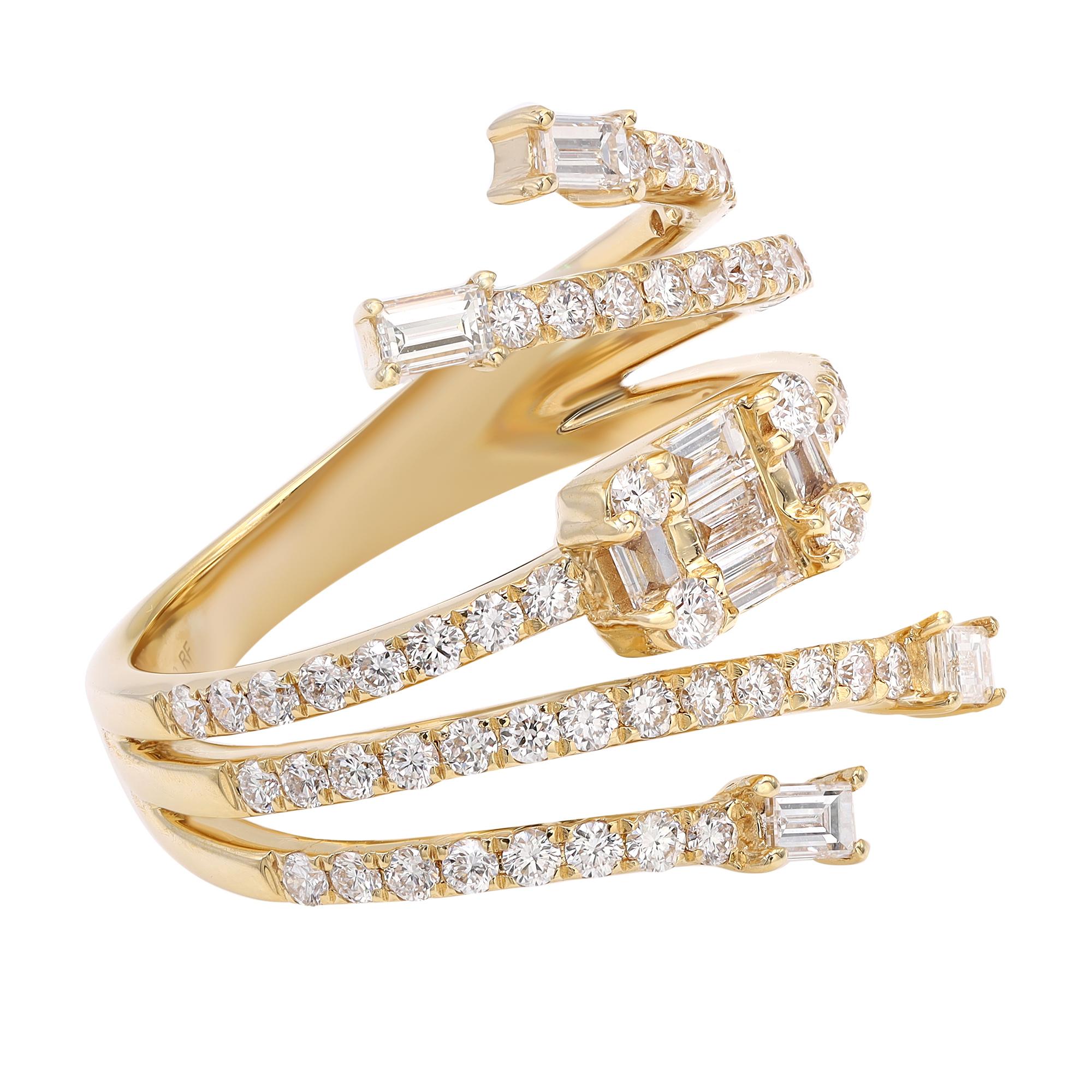 This stunning diamond ring comes with a flashy statement look. A must have in your jewelry collection. Crafted in 18K yellow gold. This ring features baguette and round cut diamonds weighing 1.21 carats in prong and channel setting. Diamond color