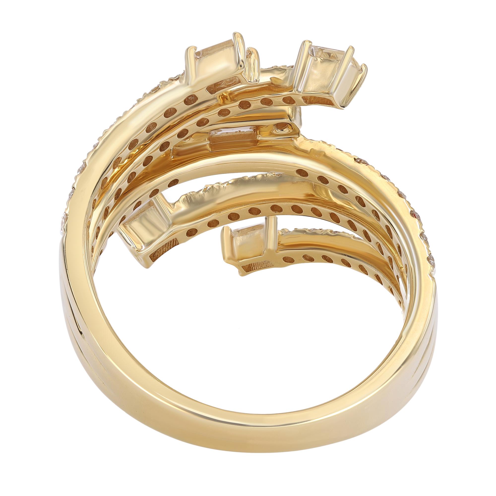 Modern Baguette & Round Cut Diamond Statement Ring 18K Yellow Gold 1.21cttw For Sale