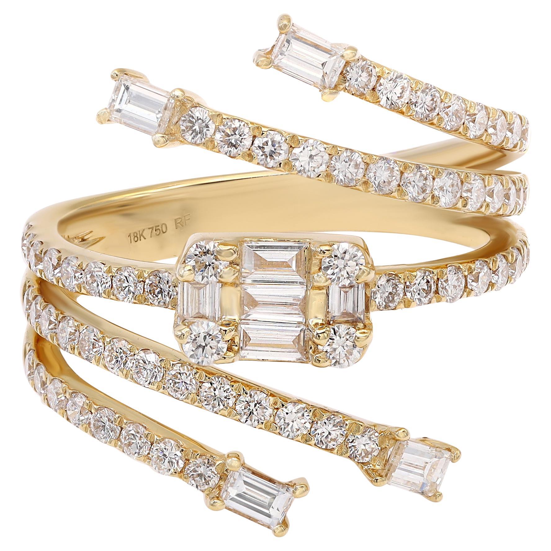 Baguette & Round Cut Diamond Statement Ring 18K Yellow Gold 1.21cttw For Sale