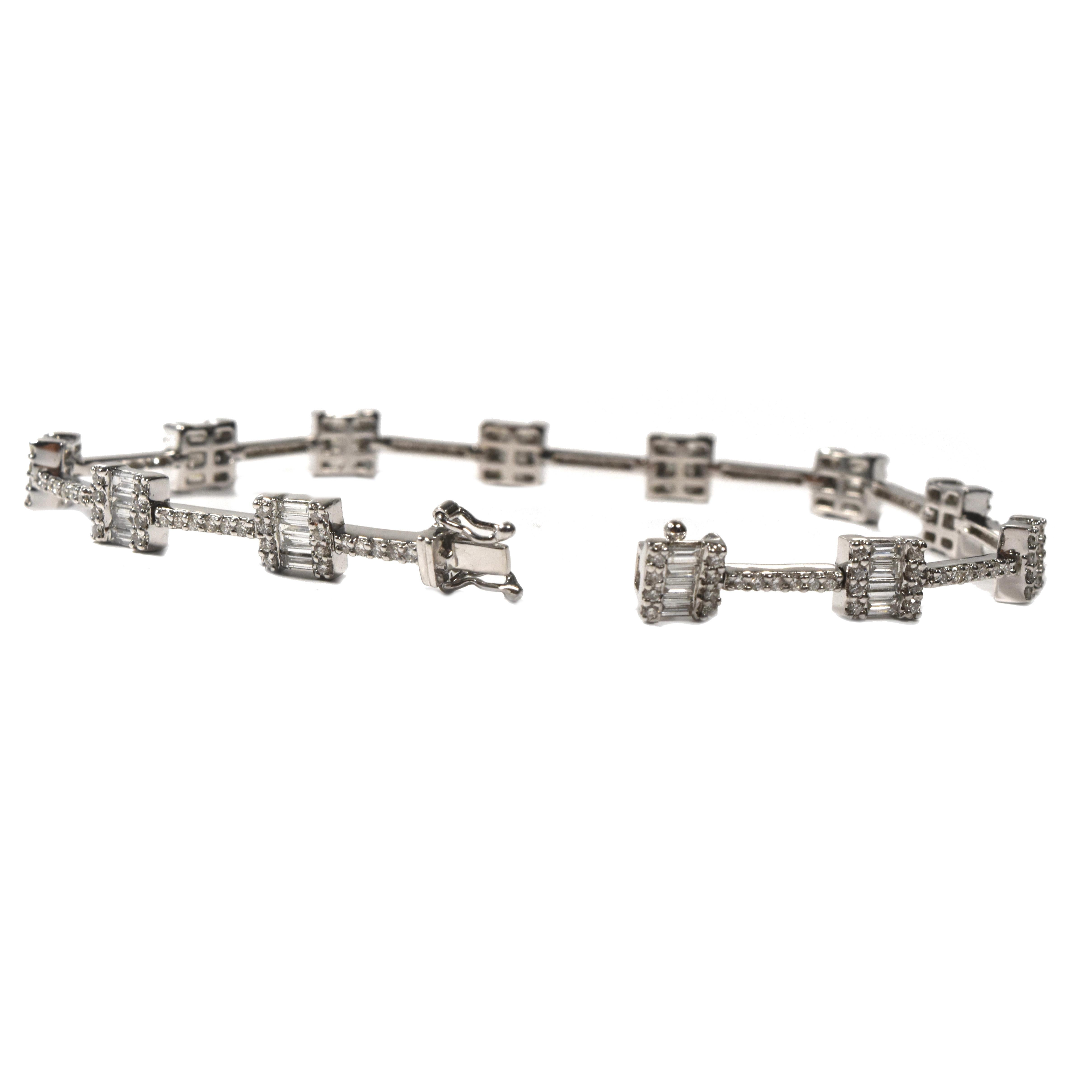 Very original and elegant tennis bracelet featuring a combination of round and baguette cut diamonds on 14k White Gold. The geometric shapes created by the variation of diamonds brings us back to the Art Deco era, where straight lines and strong