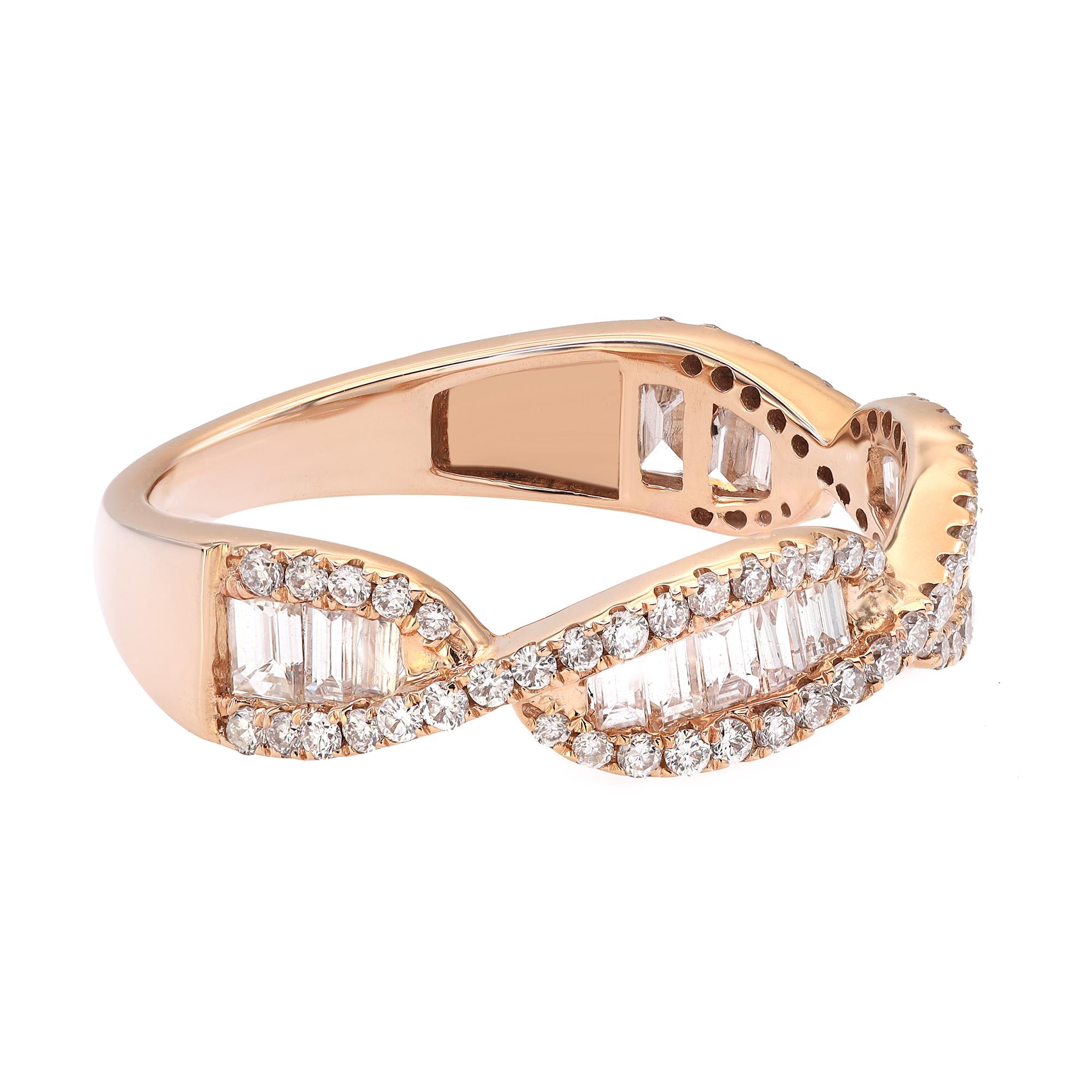 Simple and elegant, diamond twist wedding ring. Crafted in bright 18k rose gold. It features two rows of petite pave set round brilliant cut diamonds intertwine with center channel set baguette cut diamonds for a timeless, eye-catching style. Total