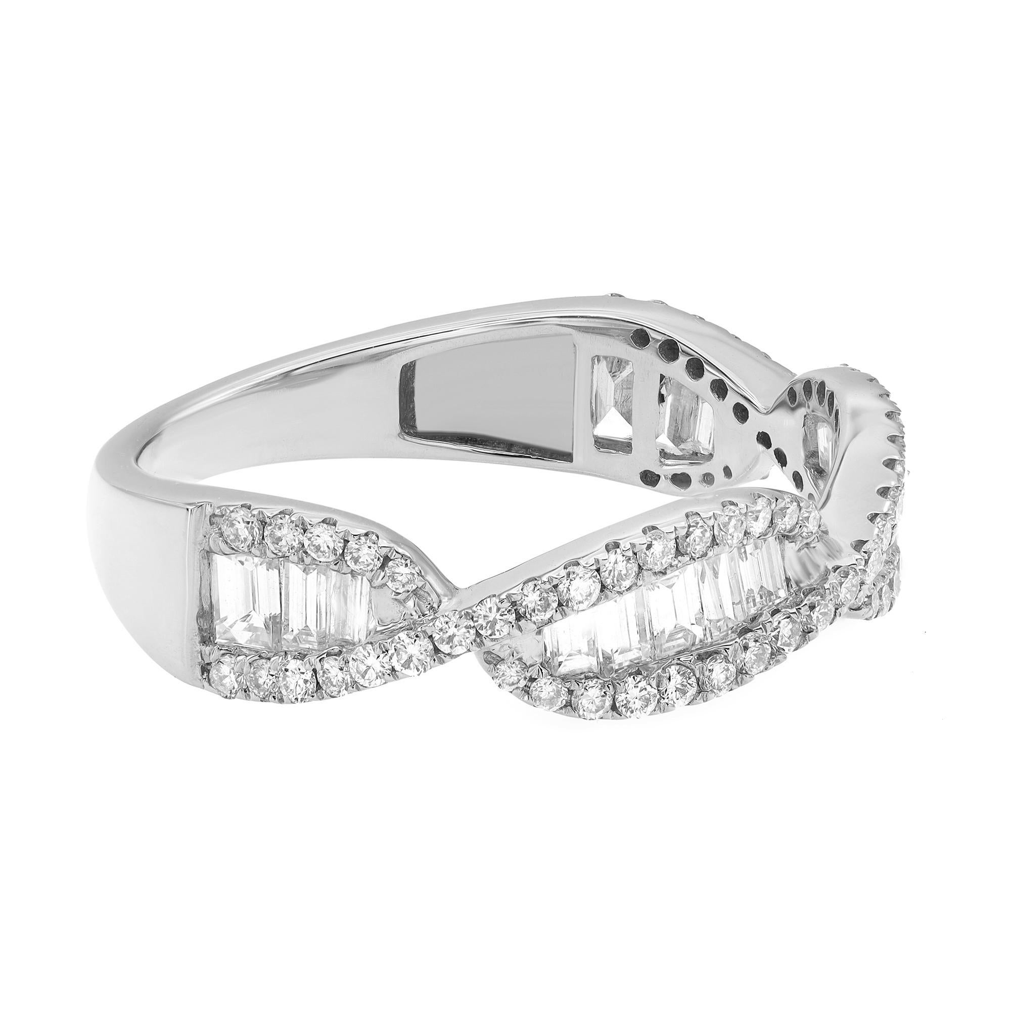 Simple and elegant, diamond twist wedding ring. Crafted in bright 18k white gold. It features two rows of petite pave set round brilliant-cut diamonds intertwined with center channel set baguette cut diamonds for a timeless, eye catching style.
