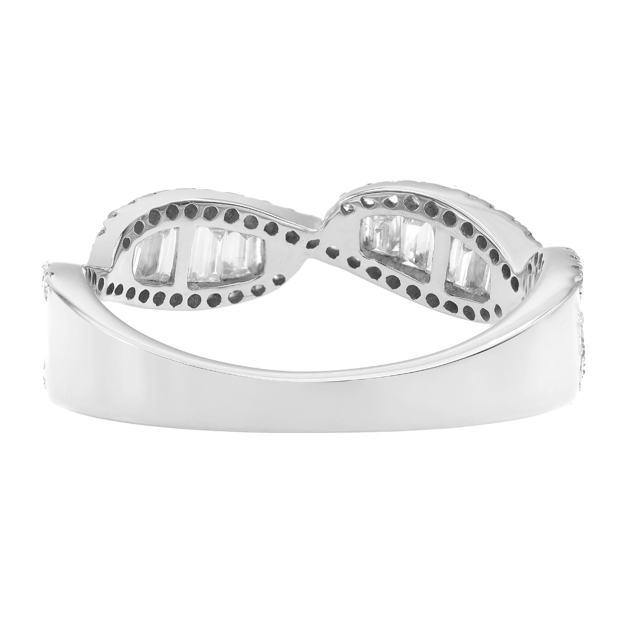 Modern Baguette & Round Cut Diamond Twist Band Ring 18K White Gold 0.84Cttw For Sale