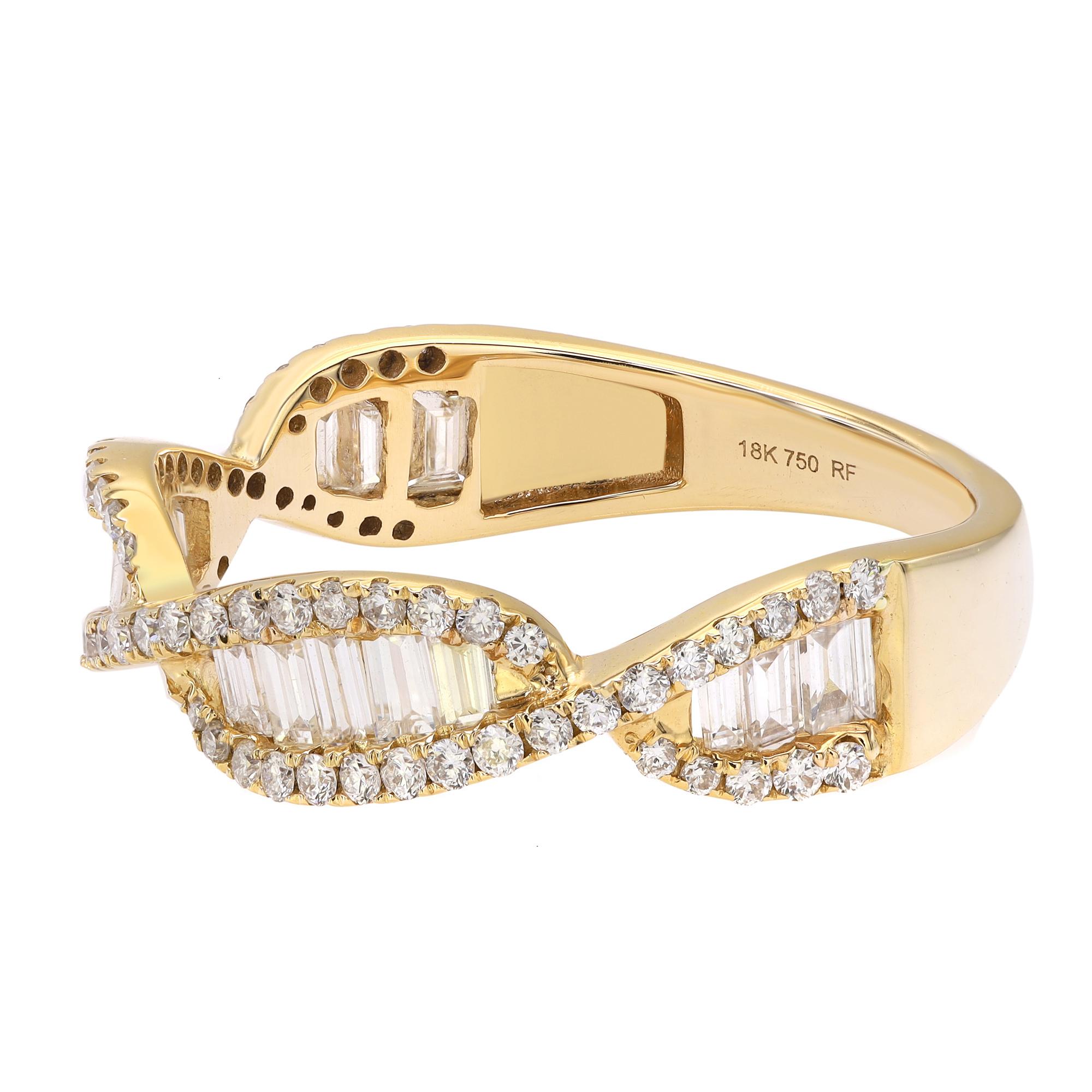 Simple and elegant, diamond twist wedding ring. Crafted in bright 18k yellow gold. It features two rows of petite pave set round brilliant cut diamonds intertwined with center channel set baguette cut diamonds for a timeless, eye catching style.