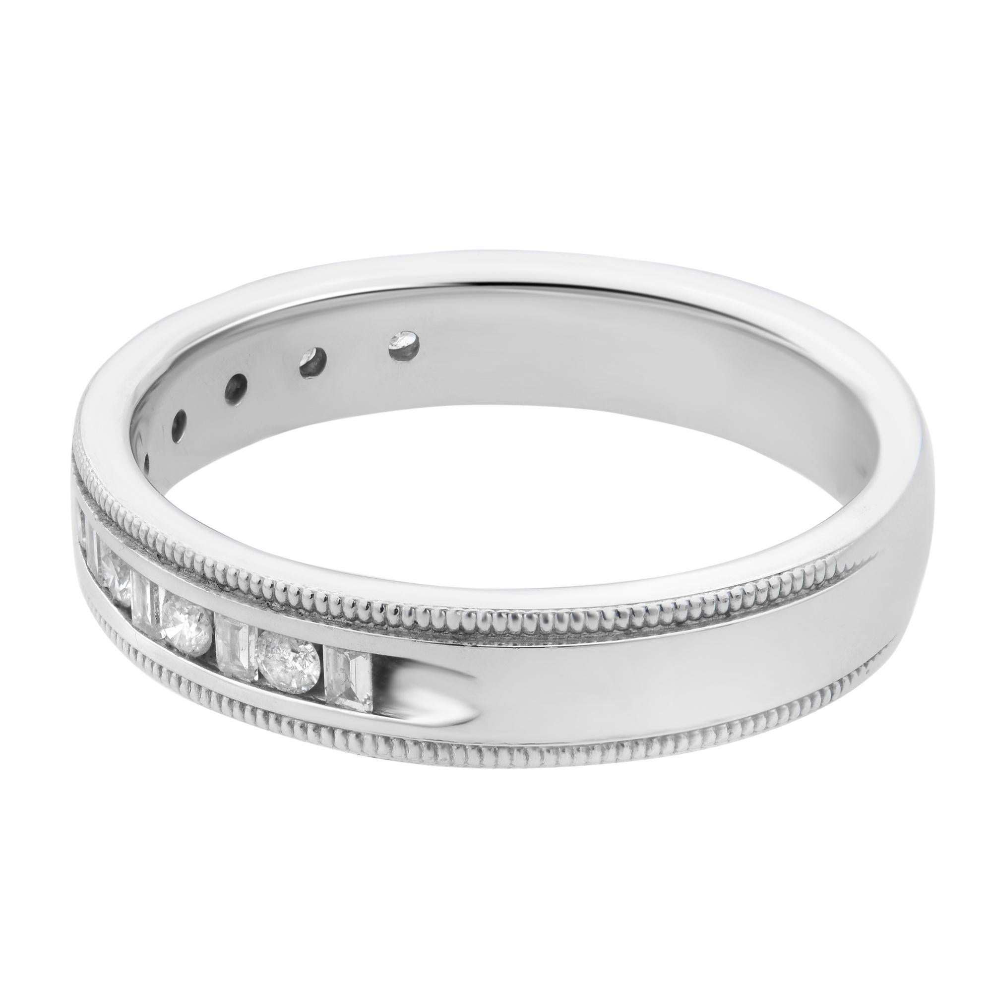 Modern Baguette & Round Cut Diamond Wedding Band Ring 14K White Gold For Sale