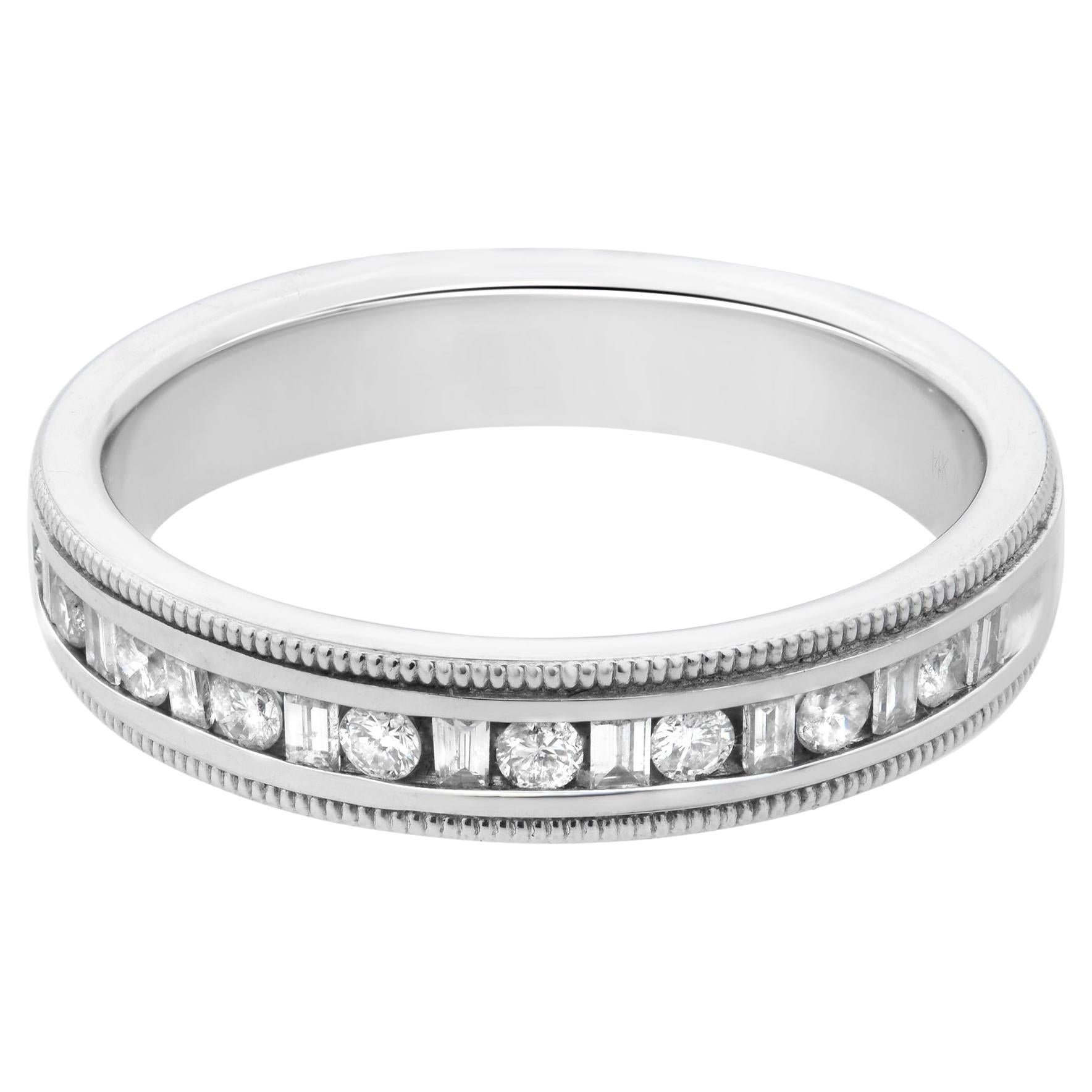 Baguette & Round Cut Diamond Wedding Band Ring 14K White Gold For Sale