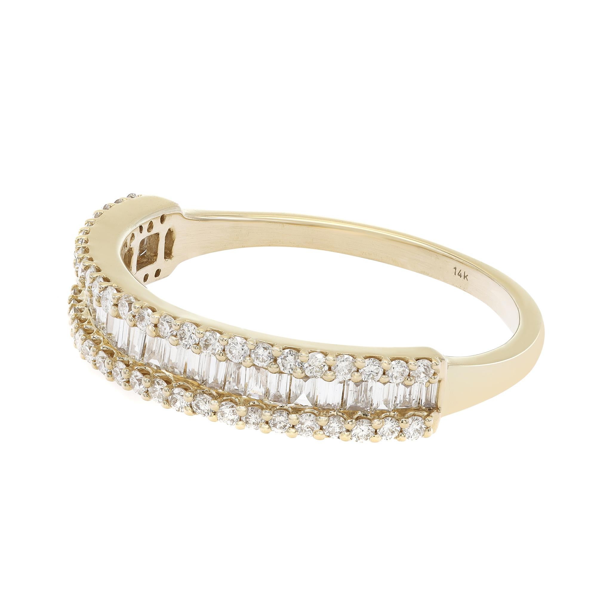Timeless and stylish diamond ring, crafted in 14k yellow gold. This ring features 77 dazzling baguette cut and round cut diamonds in channel and pave setting. Perfect for a gift or as a promise ring. Total diamond weight: 0.47ct. Diamond color G-H