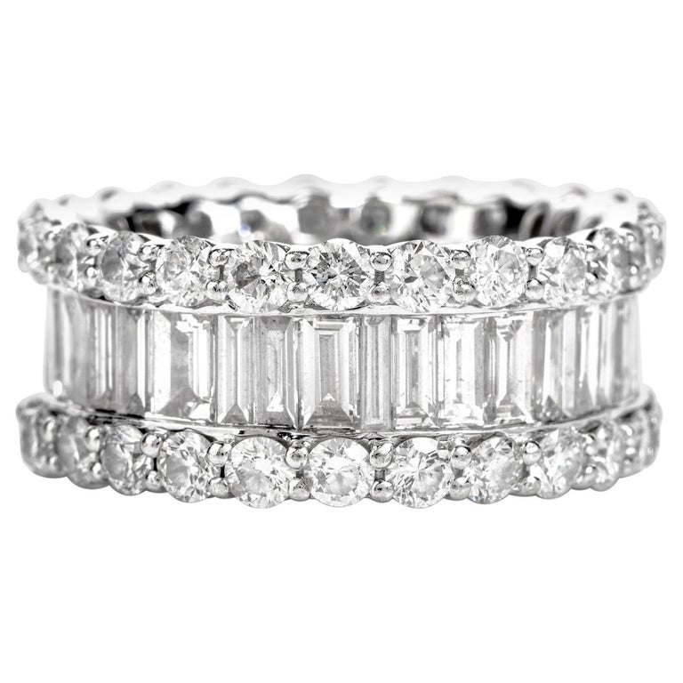 Baguette Round Diamond 14 Karat Gold Wide Eternity Band Ring at 1stDibs