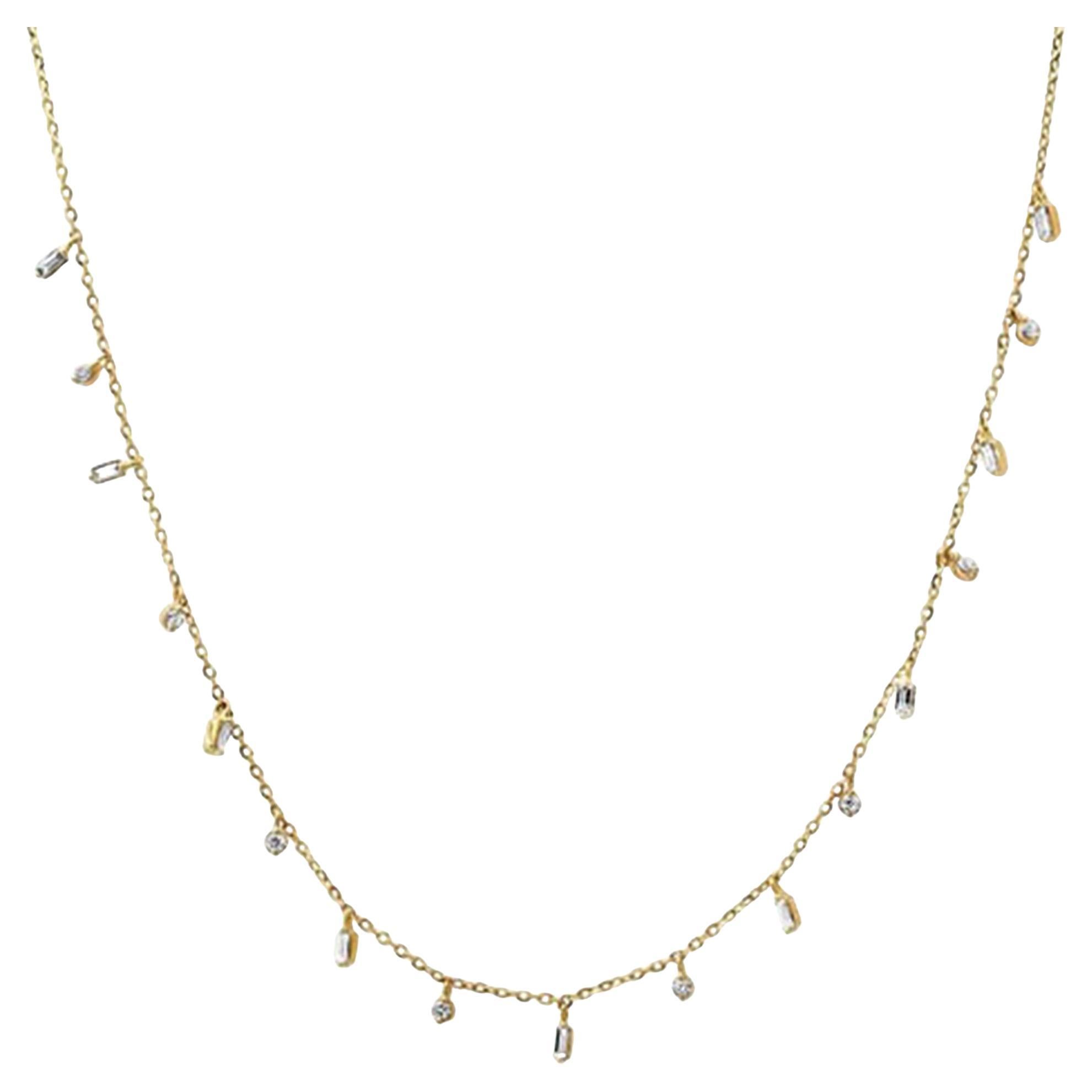 Baguette Round Diamond 14K (or 18k upon request) Yellow Gold Dangling Necklace For Sale