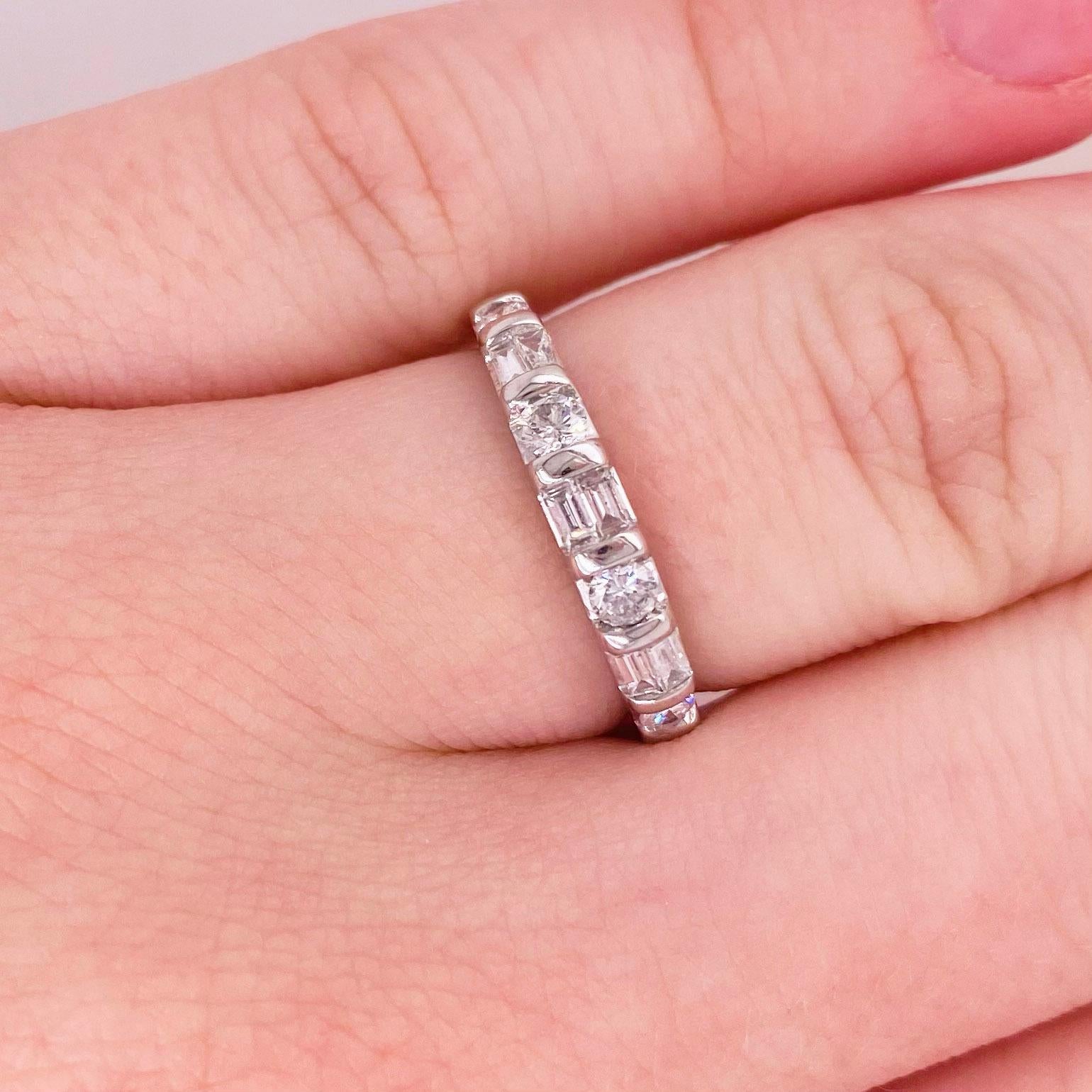 This stunningly beautiful 14 karat white gold band dripping with alternating round and baguette diamonds provides a look that is very classic and modern at the same time! This ring is very fashionable and can add a touch of style to any outfit, yet