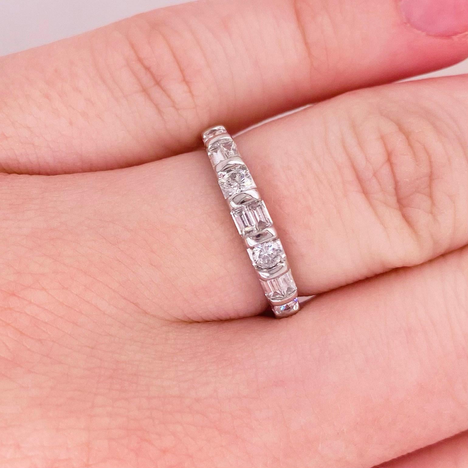 This stunningly beautiful 14 karat white gold band dripping with alternating round and baguette diamonds provides a look that is very classic and modern at the same time! This ring is very fashionable and can add a touch of style to any outfit, yet