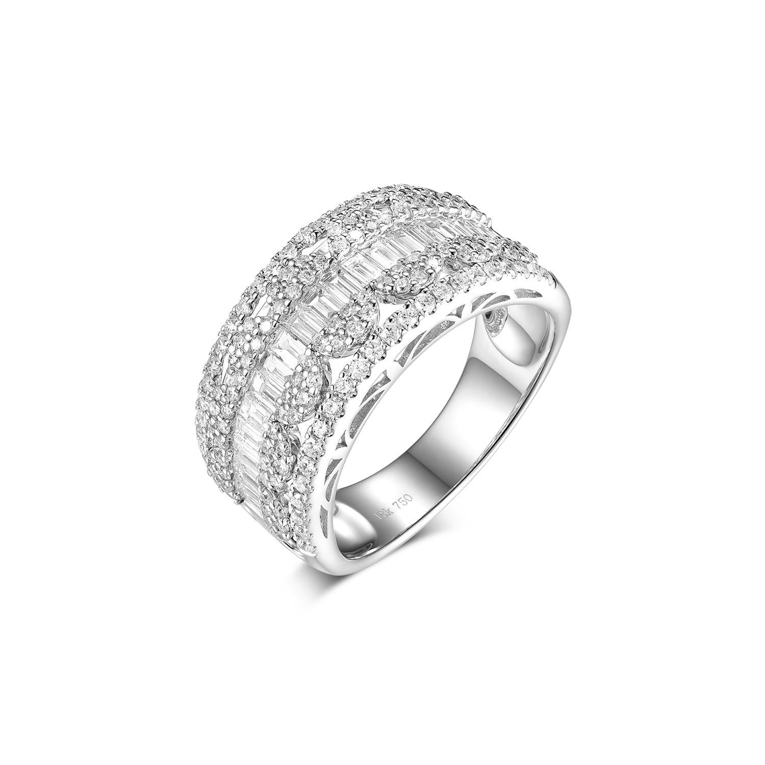 This half band ring features 0.60 carat of baguette diamonds and 0.66 carat of round diamonds. 
Diamonds are set in 18 karat white gold. Great for everyday use and it is stack-able with other thinner band rings. 

US 7
Resizing is available
Baguette