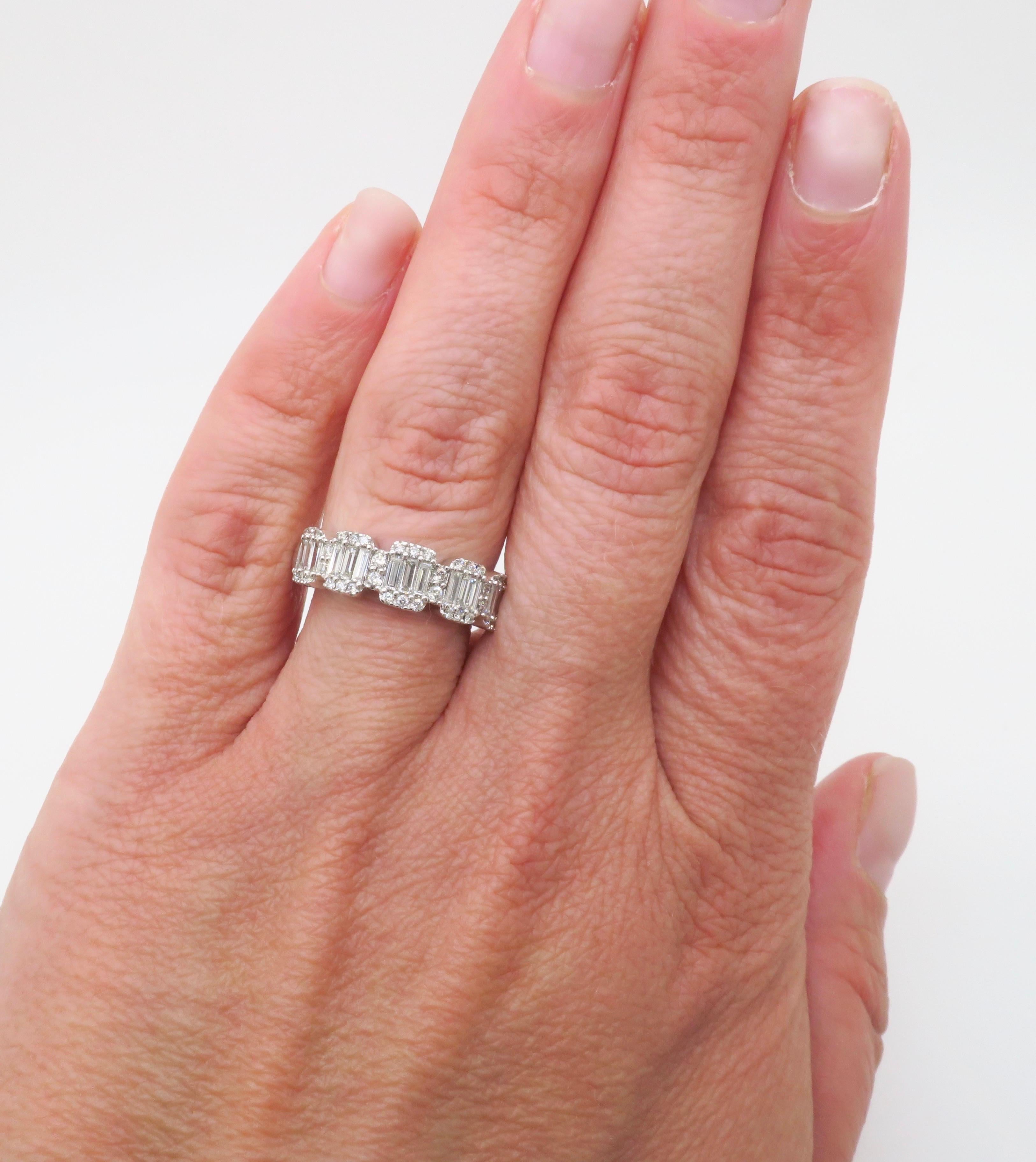 Elegant diamond band ring made with Baguette & Round Brilliant Cut diamonds. 

Gemstone: Earth Mined Diamond
Diamond Carat Weight: 1.25ctw
Diamond Cut: Round Brilliant & Baguette Cut 
Color: E-G
Clarity: VS
Metal: 14K White Gold 
Stamped: 