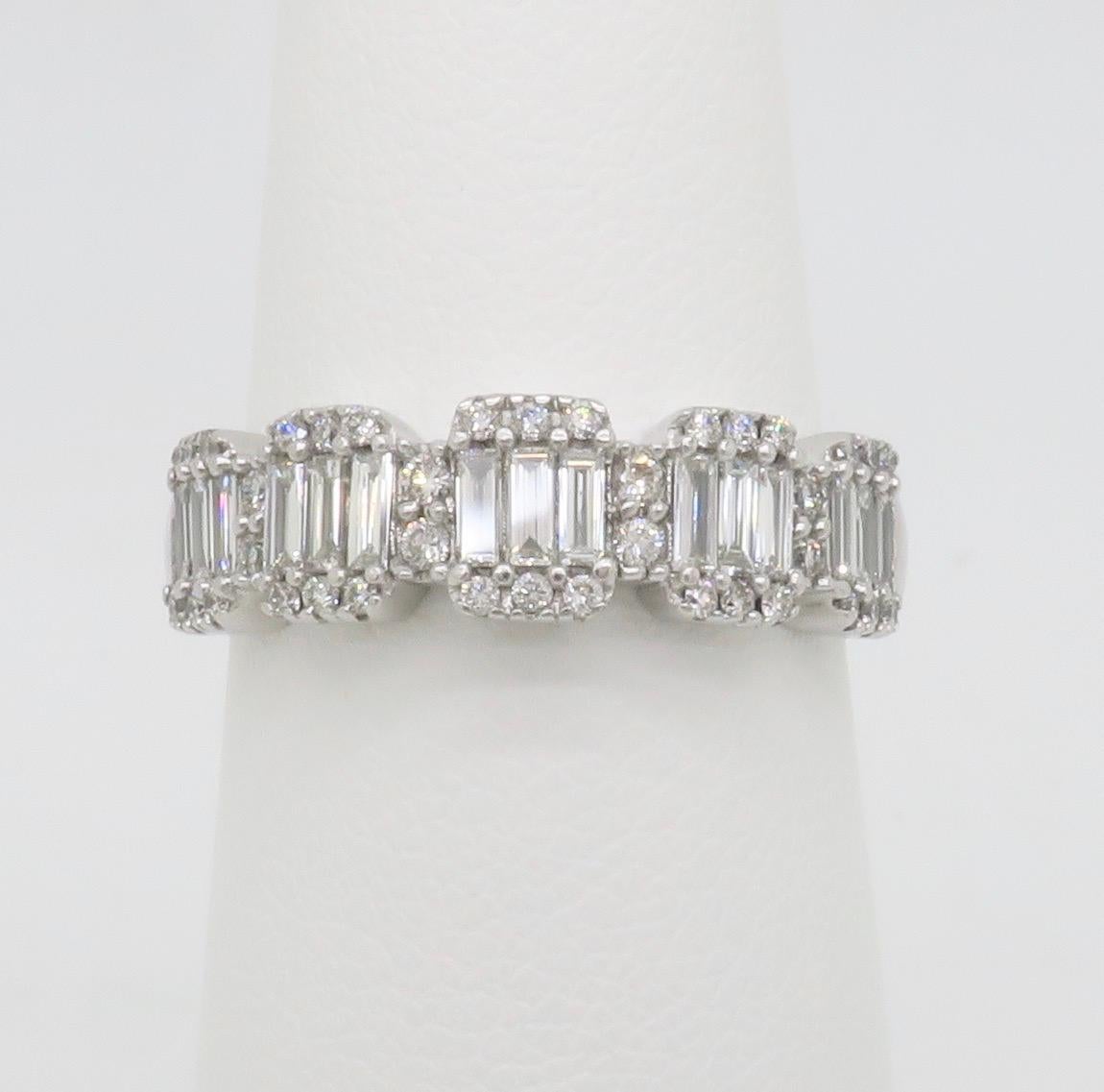 Baguette Cut Baguette & Round Diamond Band Ring in White Gold For Sale