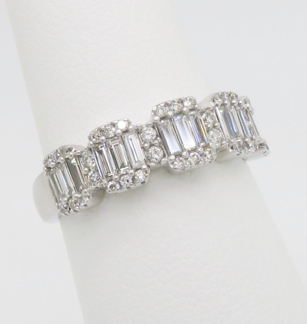 Women's or Men's Baguette & Round Diamond Band Ring in White Gold For Sale