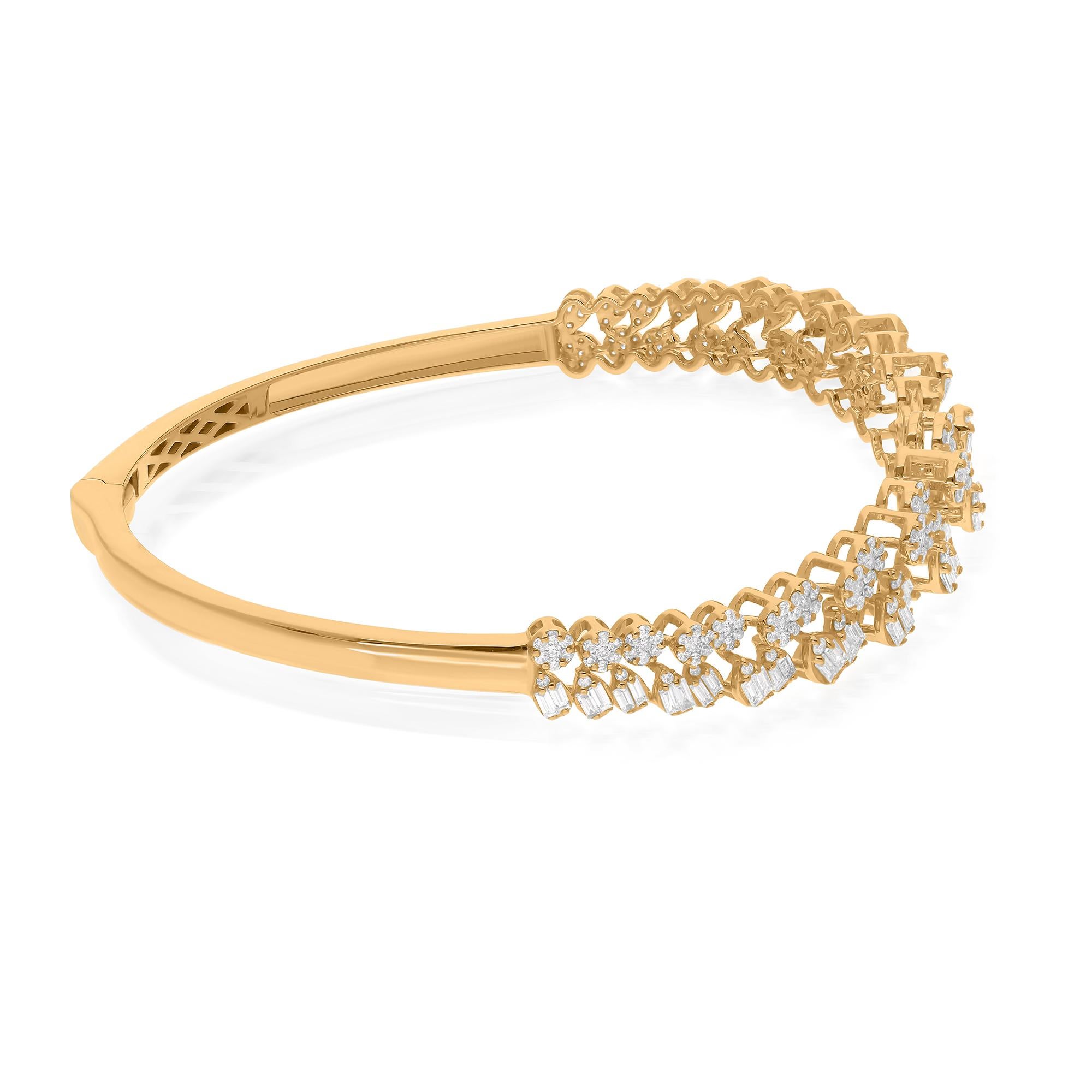 Modern Baguette Round Diamond Bangle Bracelet 18 Karat Yellow Gold Handmade Jewelry For Sale